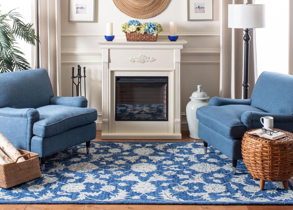 Navy and Grey Hand-Tufted Wool Floral 4' x 6' Rug