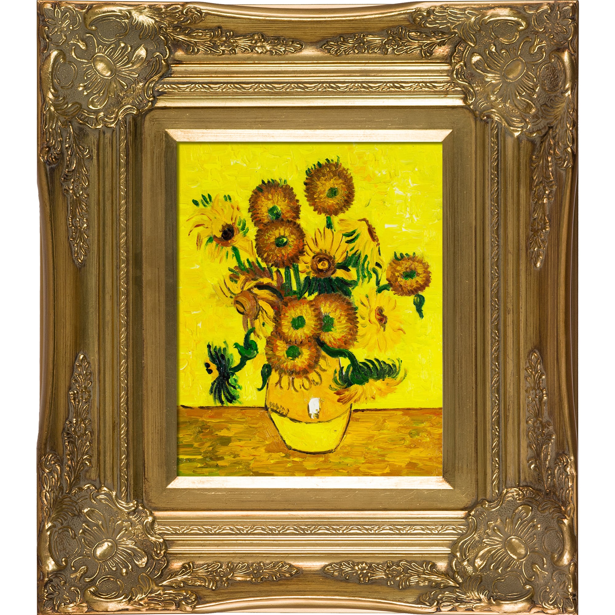La Pastiche 688576249070 Vase with Fifteen Sunflowers Vincent Van Gogh Gold Wood Framed 16-Inches H x 18-Inches W Floral Canvas Hand-Painted Painting