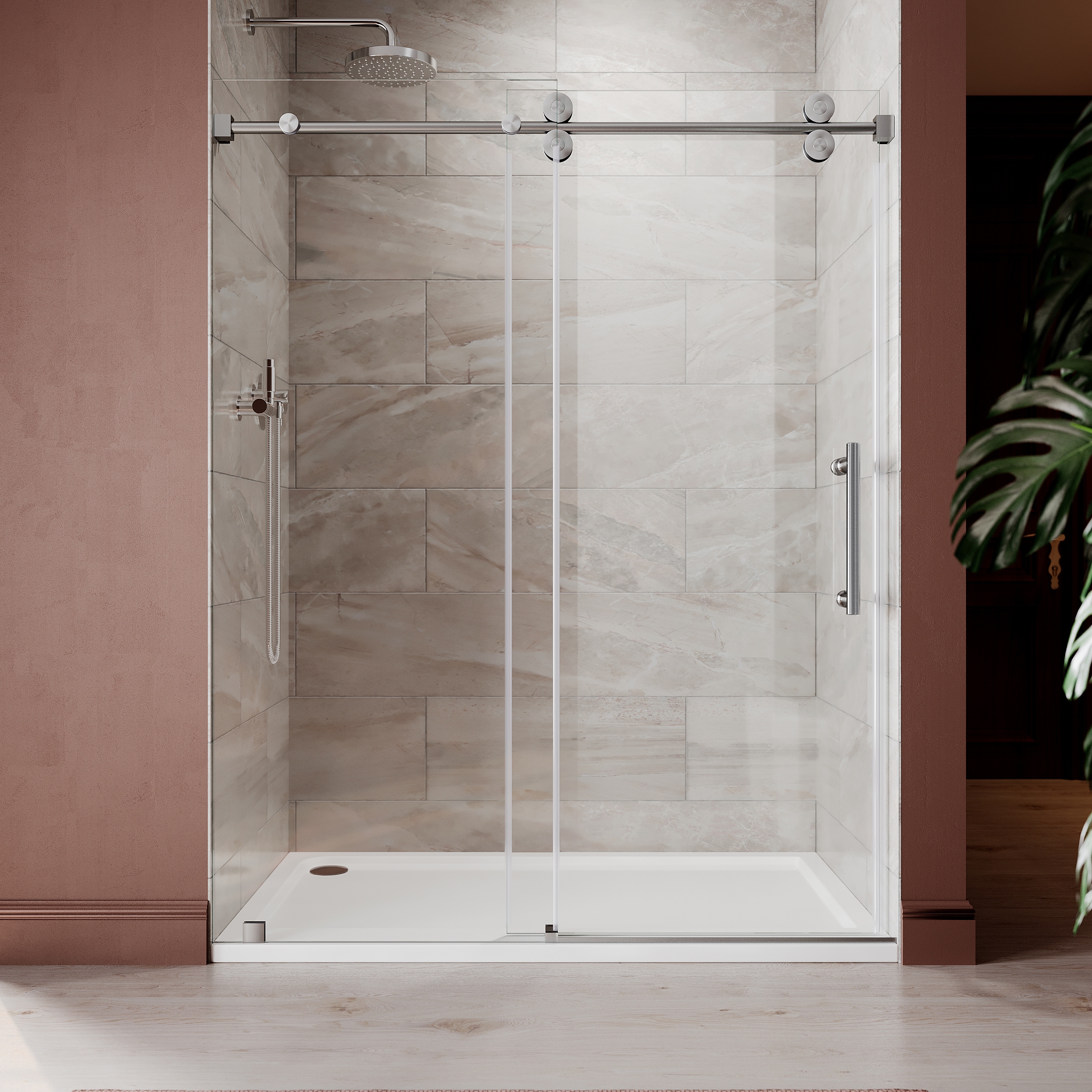 UNIKOO UKS04 56 in to 60 in x 84 in H Frameless Sliding Shower Door in Brushed Nickel with EnduroShield 3/8 in SGCC Clear Glass