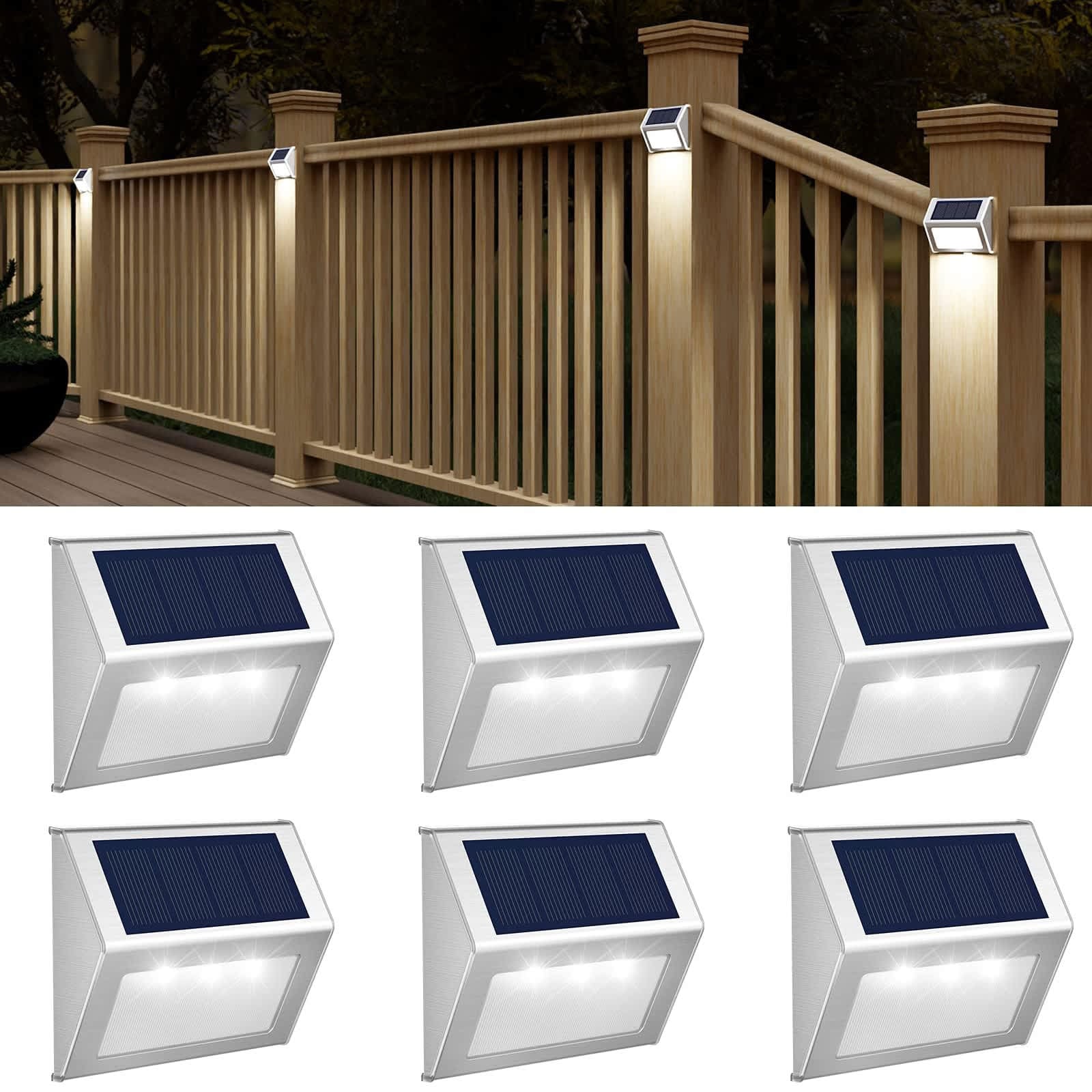 Aoibox  Solar Powered Deck Fence Step Lights Waterproof Stainless Steel 3 LED Cool White Outdoor Lighting 6 Pack for Patio Backyard Stair Wall