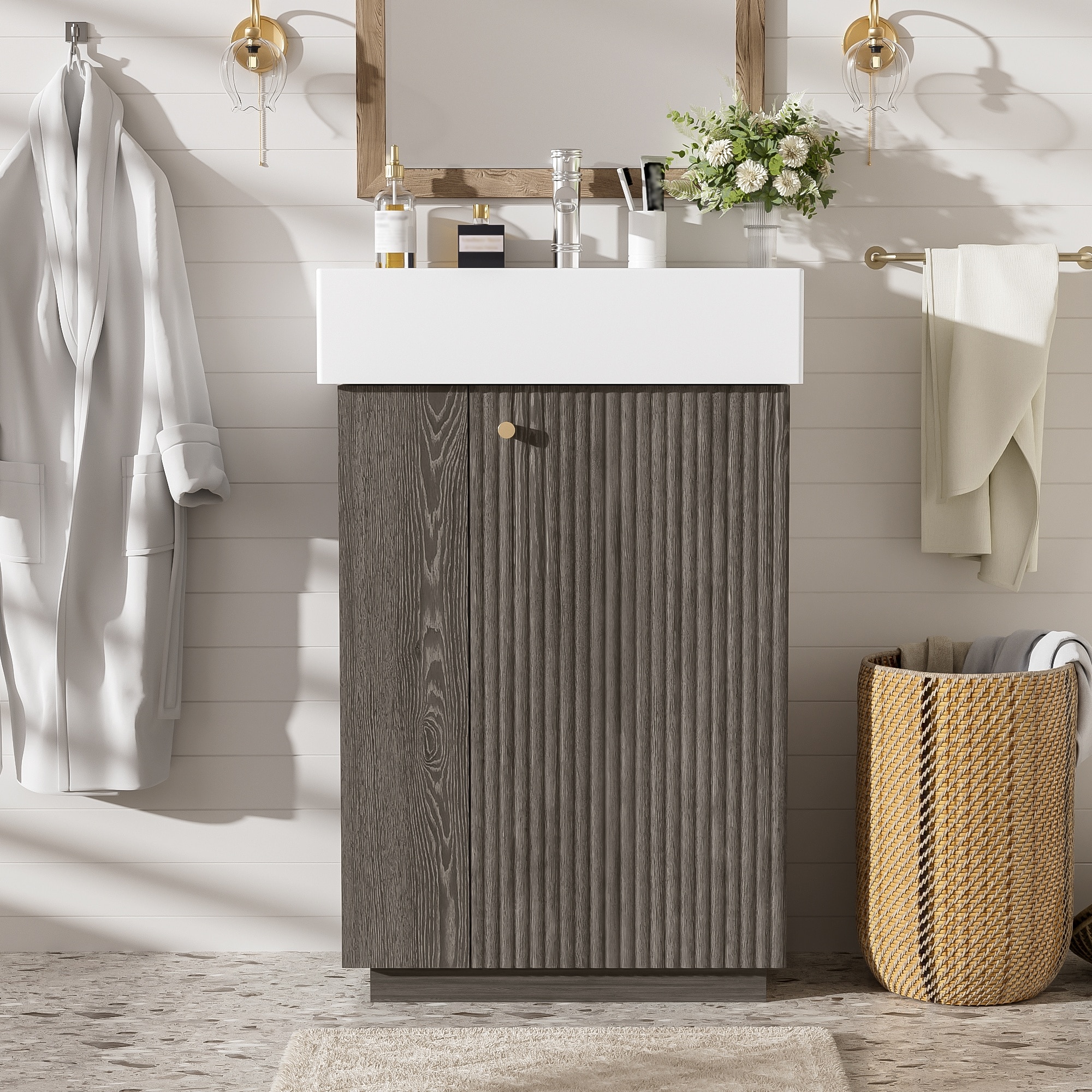 HyperDrop Cart 21.6 Inch Bathroom Vanity with Ceramic Sink Freestanding Modern Right Door Wood Grain Cabinet with Open and Closed Storage for Small Bathrooms