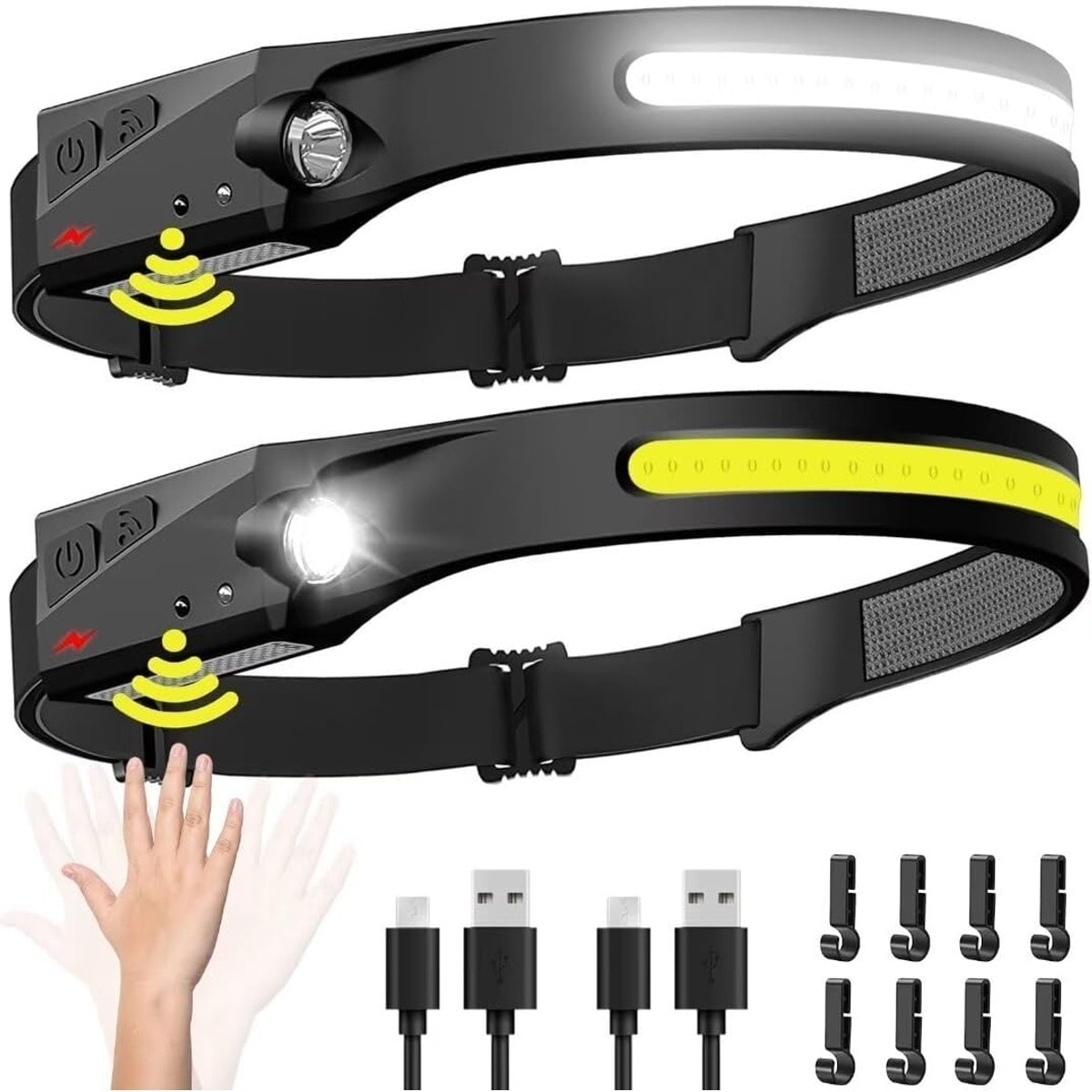 Slagawa  2 Pack Rechargeable Headlamp 230 Degree Wide Beam LED with Motion Sensor for Camping Hiking Running Fishing