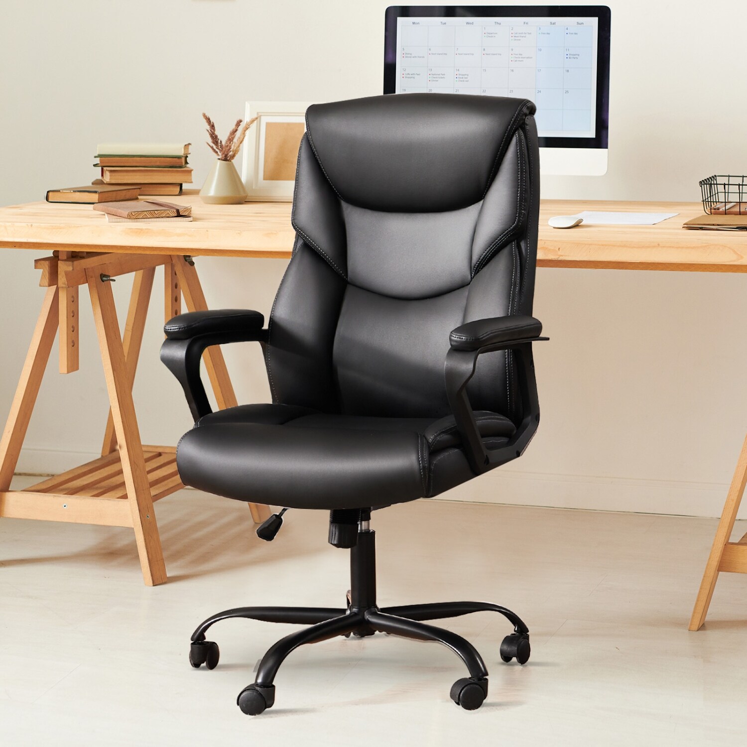 Wooakway Ergonomic Executive Office Chair PU Leather High Back Computer Chair with Lumbar Support and Flip-Up Arms