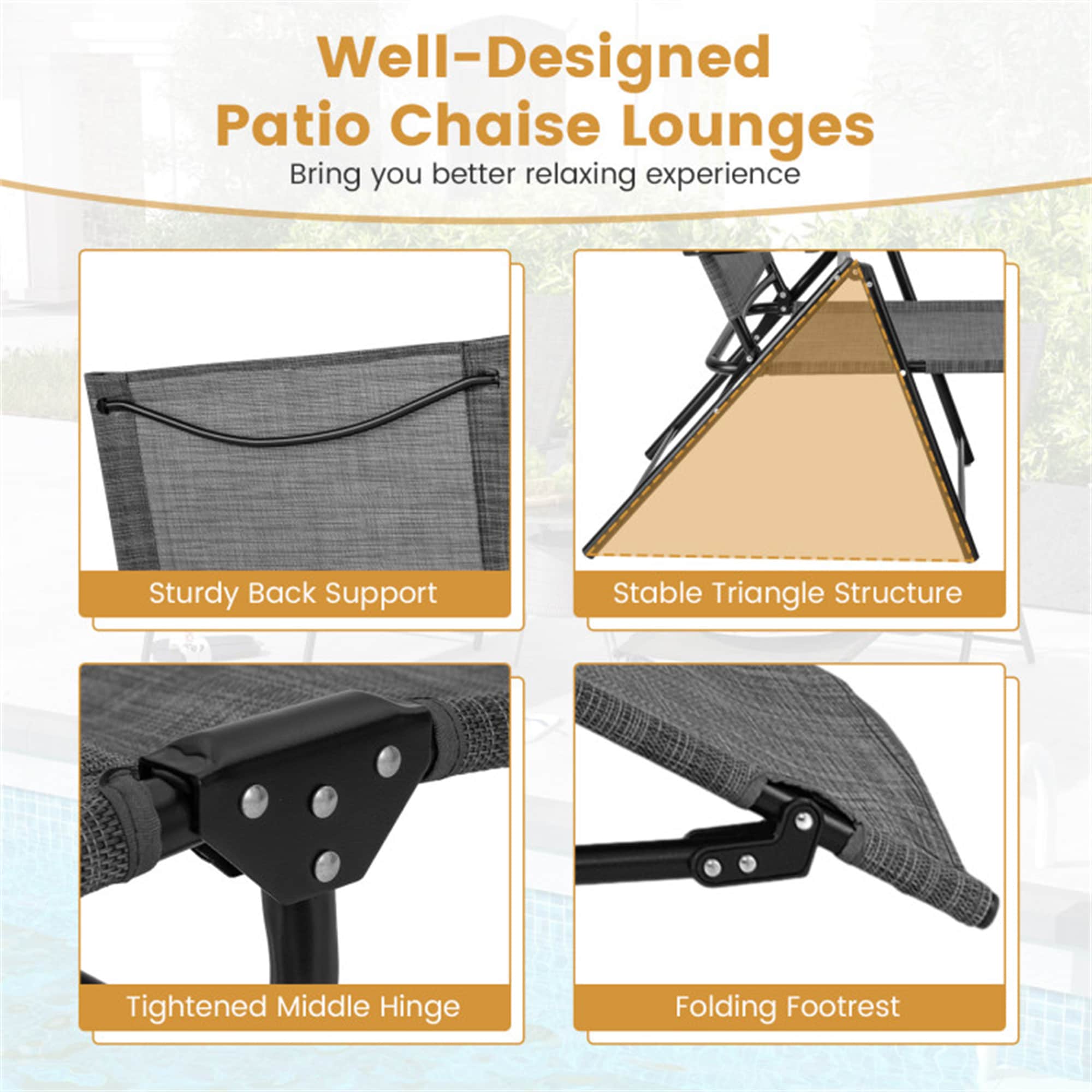 Gray Metal and Fabric Folding Outdoor Chaise Lounge Chairs with Adjustable Backrest