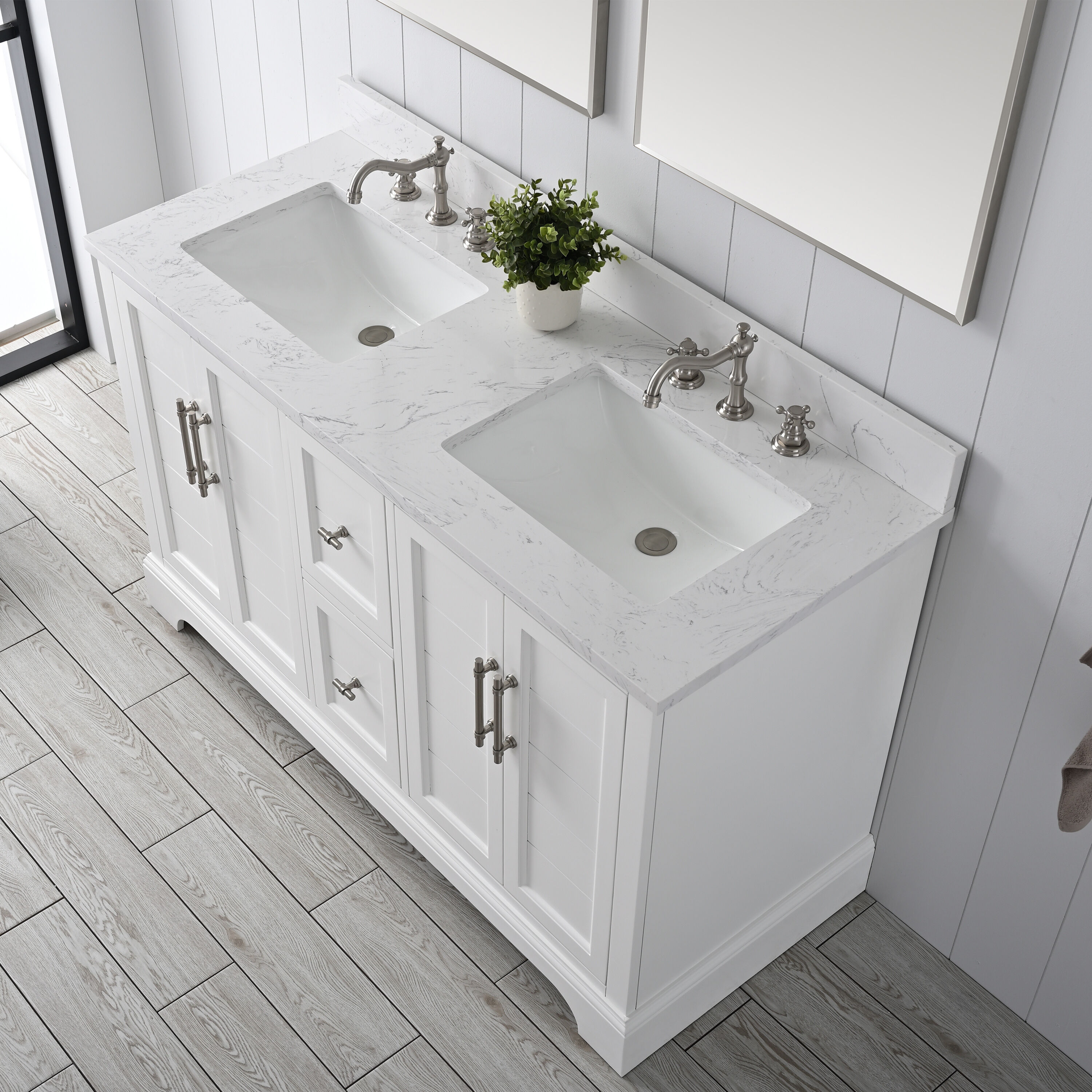 White Double Sink Bathroom Vanity with Quartz Top and Backsplash