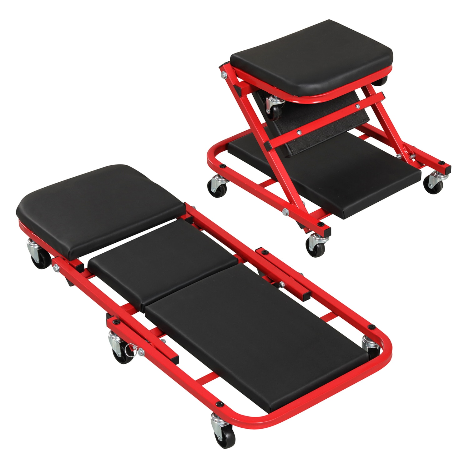 Volenca 2-in-1 Z-Shaped Folding Creeper Stool 36 in. 400 lb. Steel 6 Wheels Red
