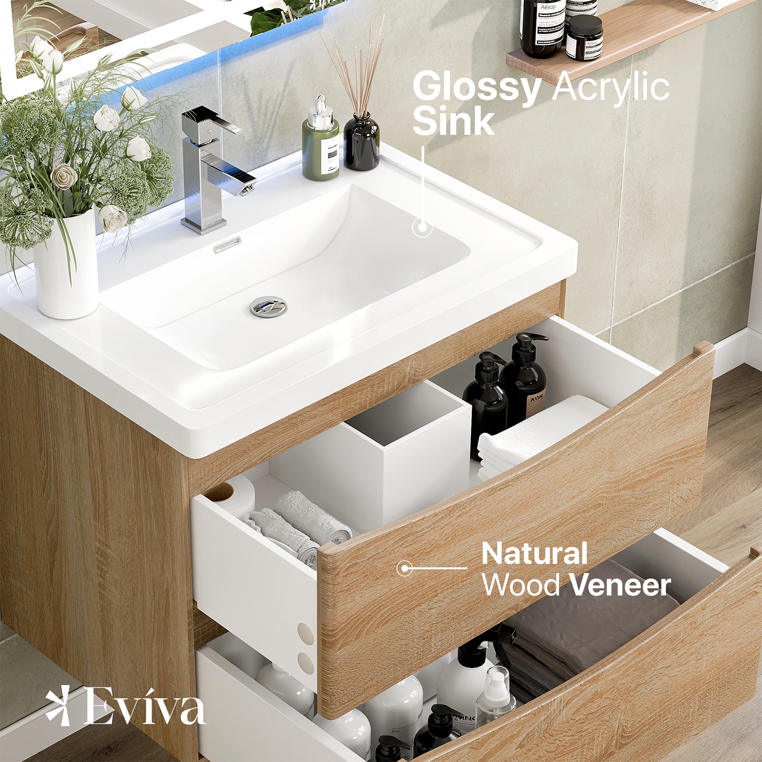 Eviva Vienna 30-in White Oak Single Sink Floating Bathroom Vanity with ...