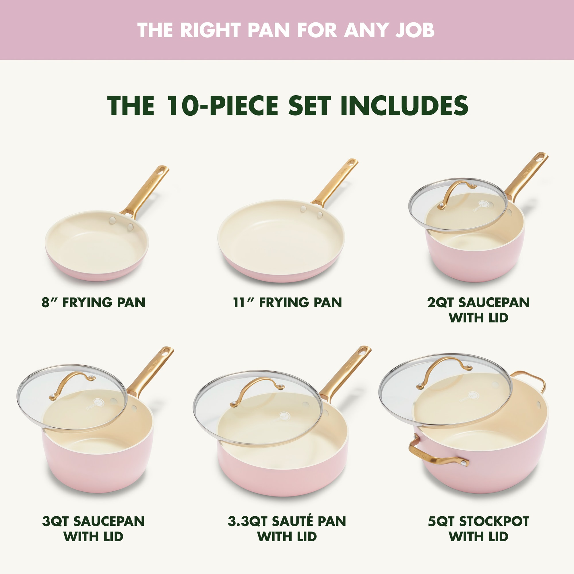 Blush Pink Ceramic Nonstick 10-Piece Cookware Set with Gold Handles