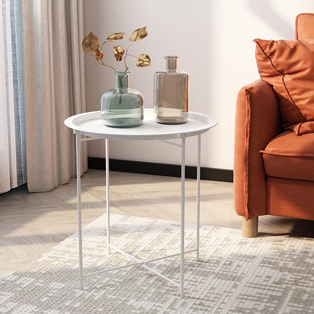 Vecelo Side End Table Folding Round Metal Anti Rust and Waterproof Outdoor or Indoor Tray Gray Nightstand