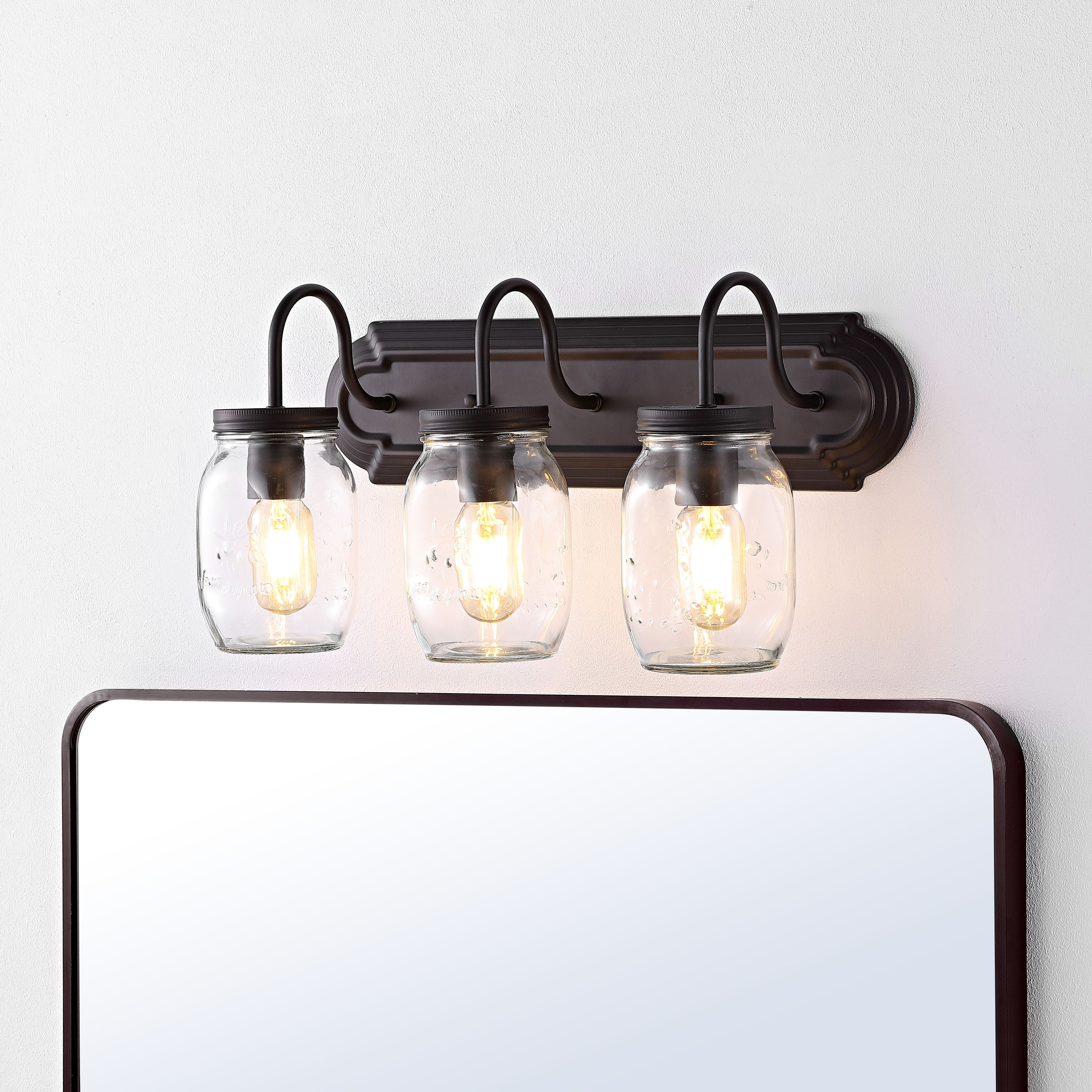 JONATHAN  Y JYL7801A Gaines Iron Mason Jar Farmhouse Industrial 19.3-in 3 -Light Oil-rubbed Bronze Rustic Vanity light