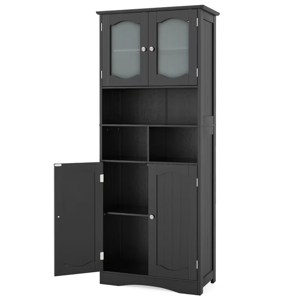 OOU Freestanding Bathroom Storage Cabinet with Frosted Glass Doors Tall Linen Cabinet with Adjustable Shelves and Open Storage Black