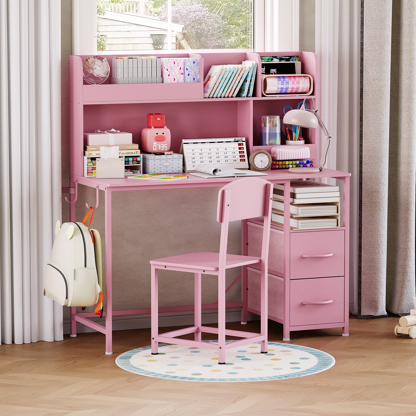 GarveeLife - Kids Study Desk and Chair Set with Hutch Storage Drawers Hooks Kids Desk Organizer S...