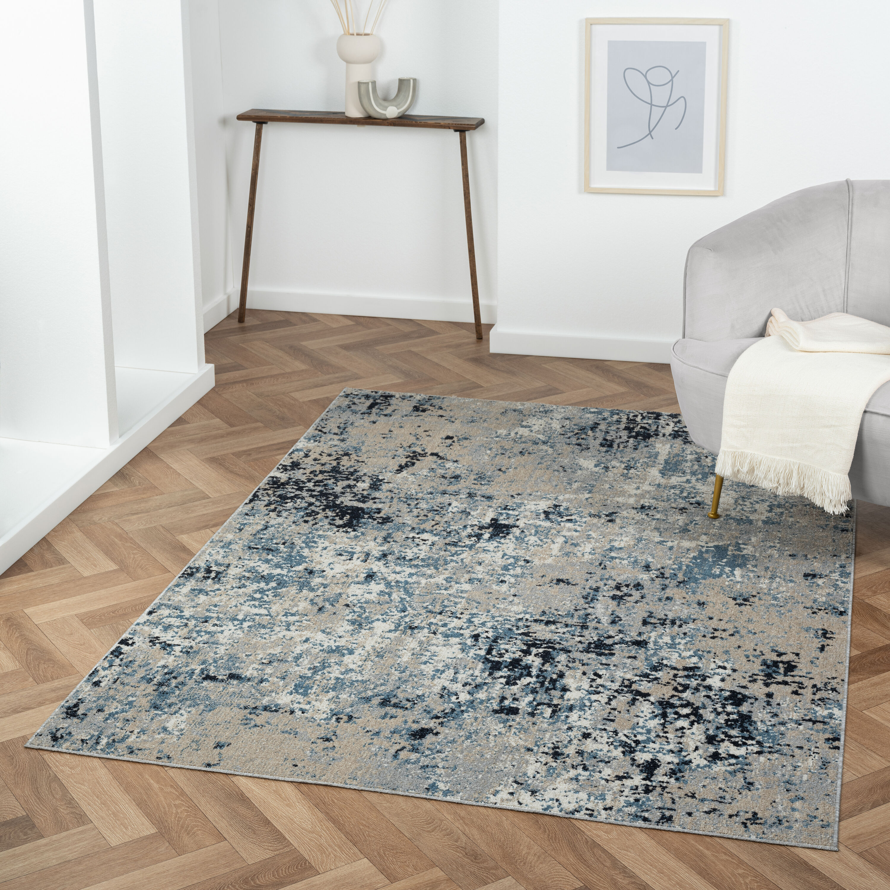 Lellani Blue and Beige Rectangular Synthetic Kids Area Rug, 8' x 10'