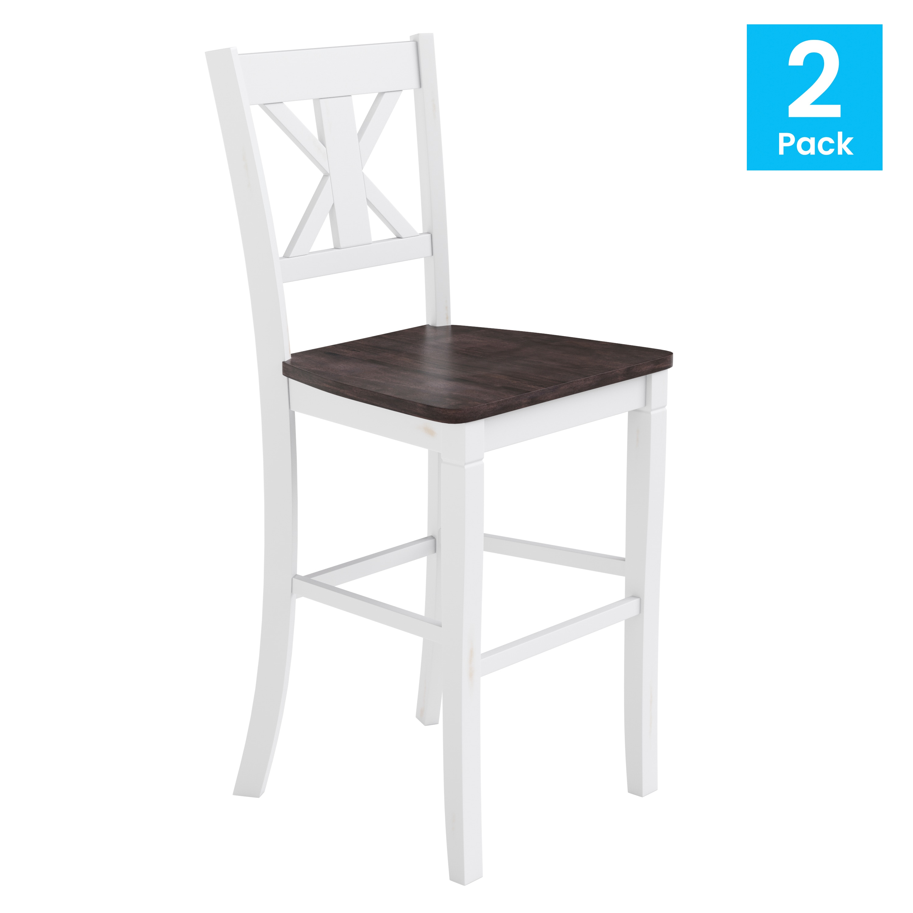 White Wash Solid Wood Cross Back Counter Stools, Set of 2