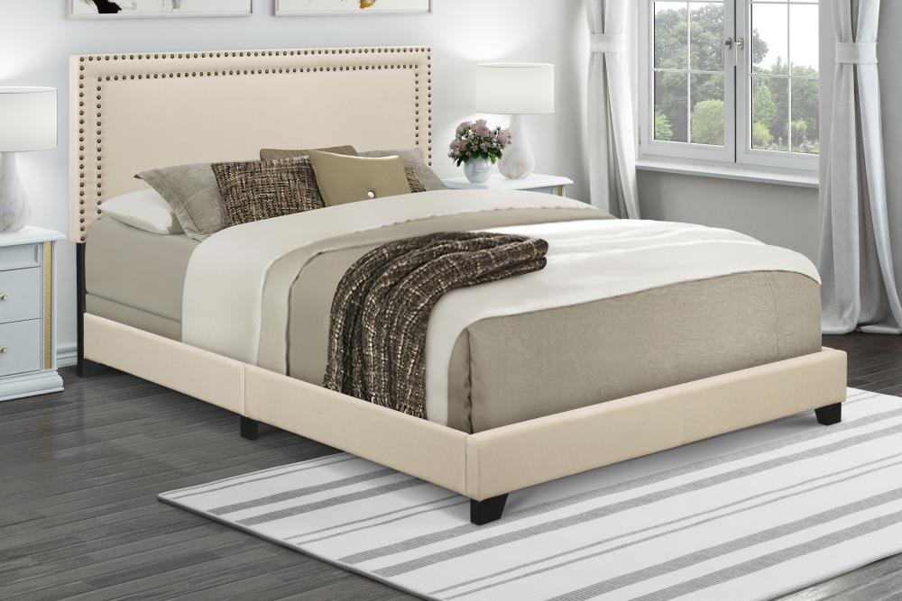 HomeFare Upholstered queen bed with Nailhead trim in cream Queen Wood ...