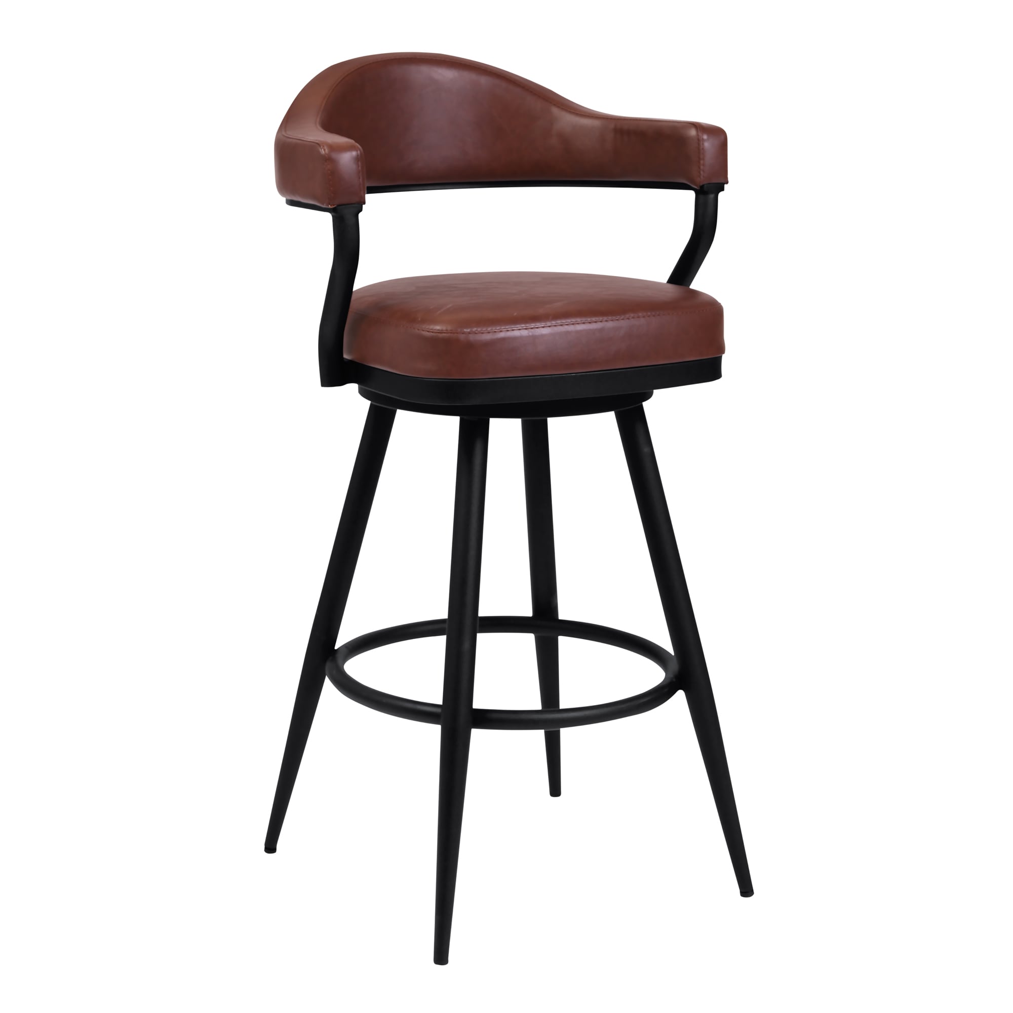 Armen Living 721535746989 Black Powder Coated Finish 26.0-in H Counter height Bucket seat Upholstered Swivel Metal Bar Stool with Arms