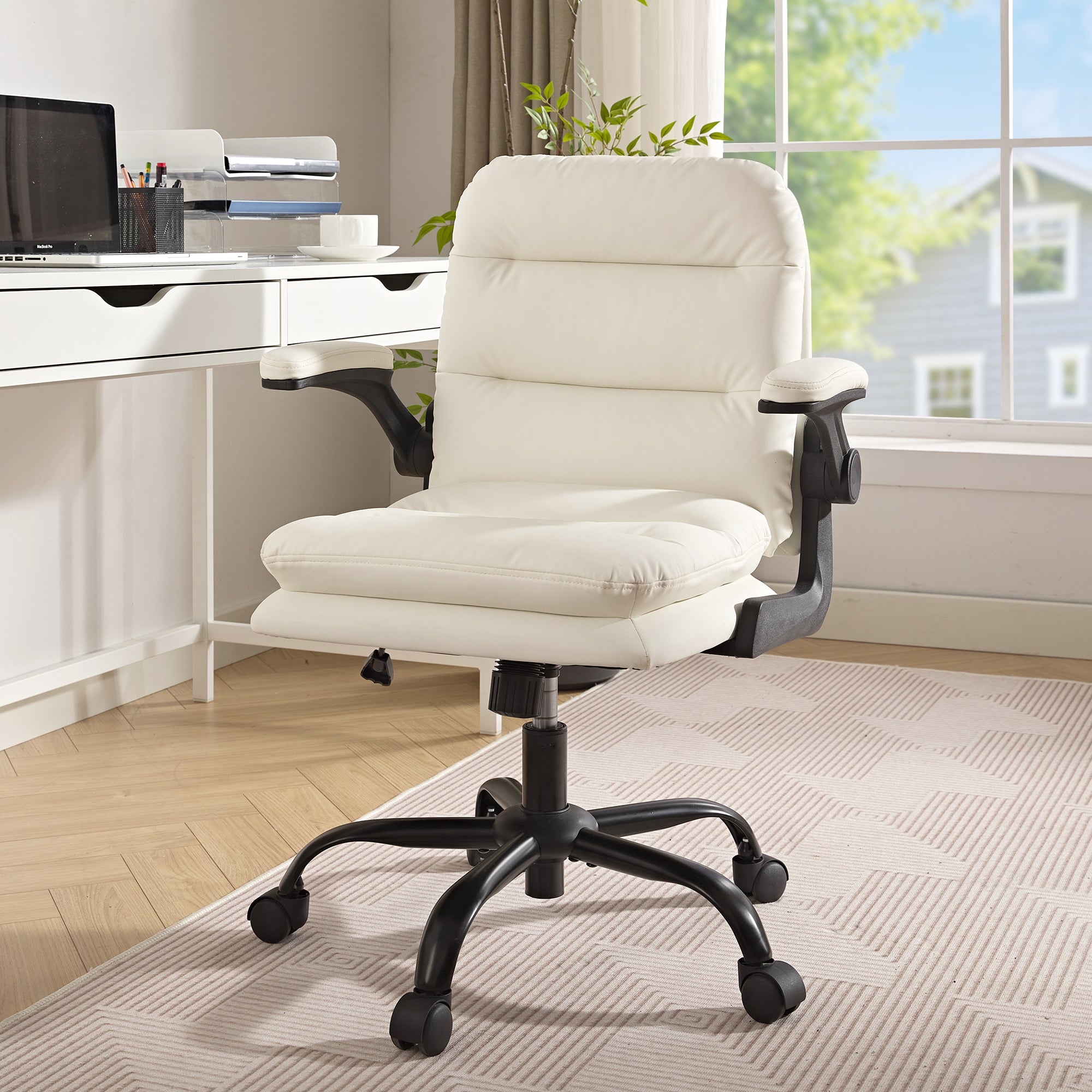 Vecelo LOE-OC23-WHT PU Leather Ergonomic Home Office Chair Thick Padding Swivel Executive Computer Desk Chair With Upholstered Flip Up Arms