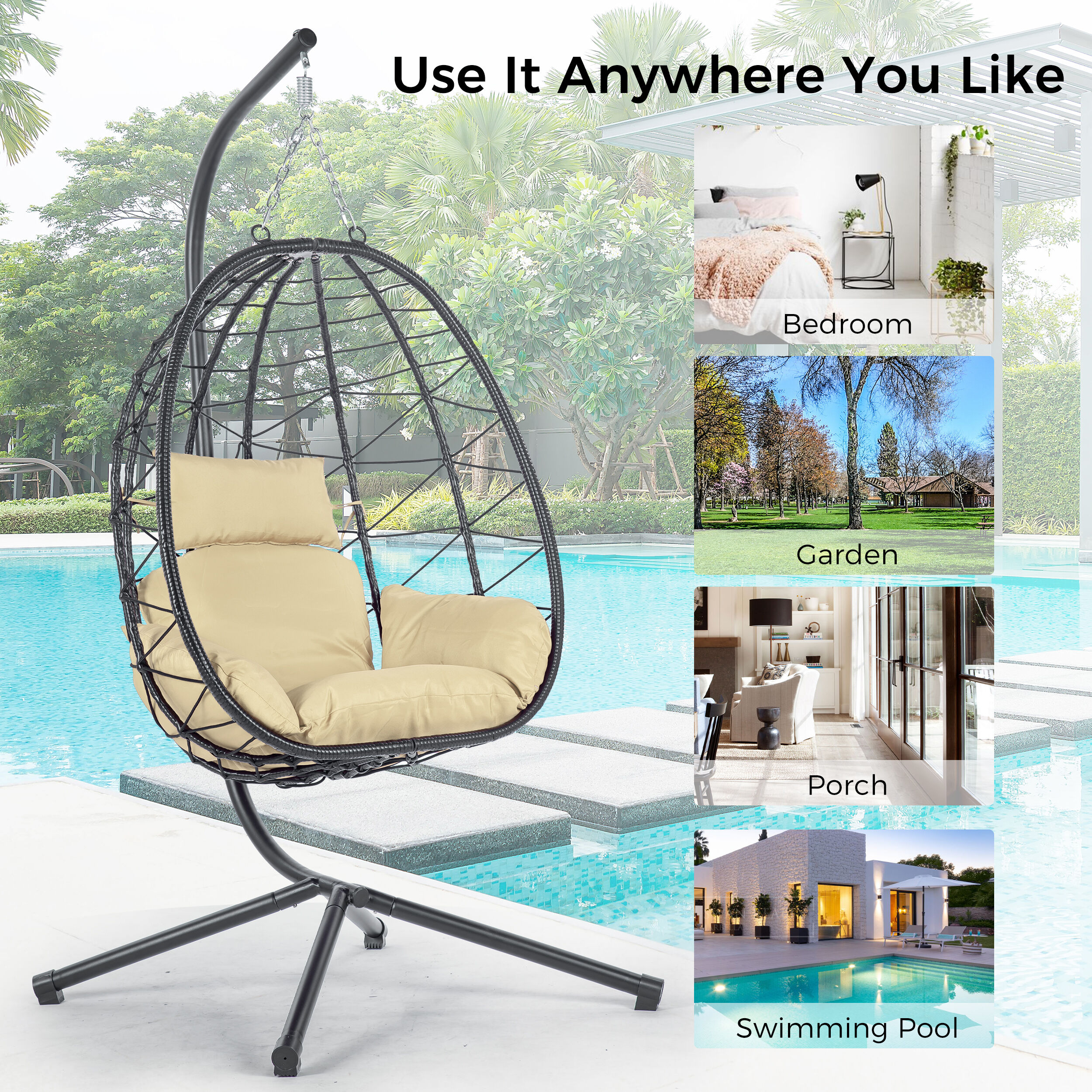 CESICIA Patio Chairs Rattan Beige Rattan Frame Hanging Egg Chair with ...