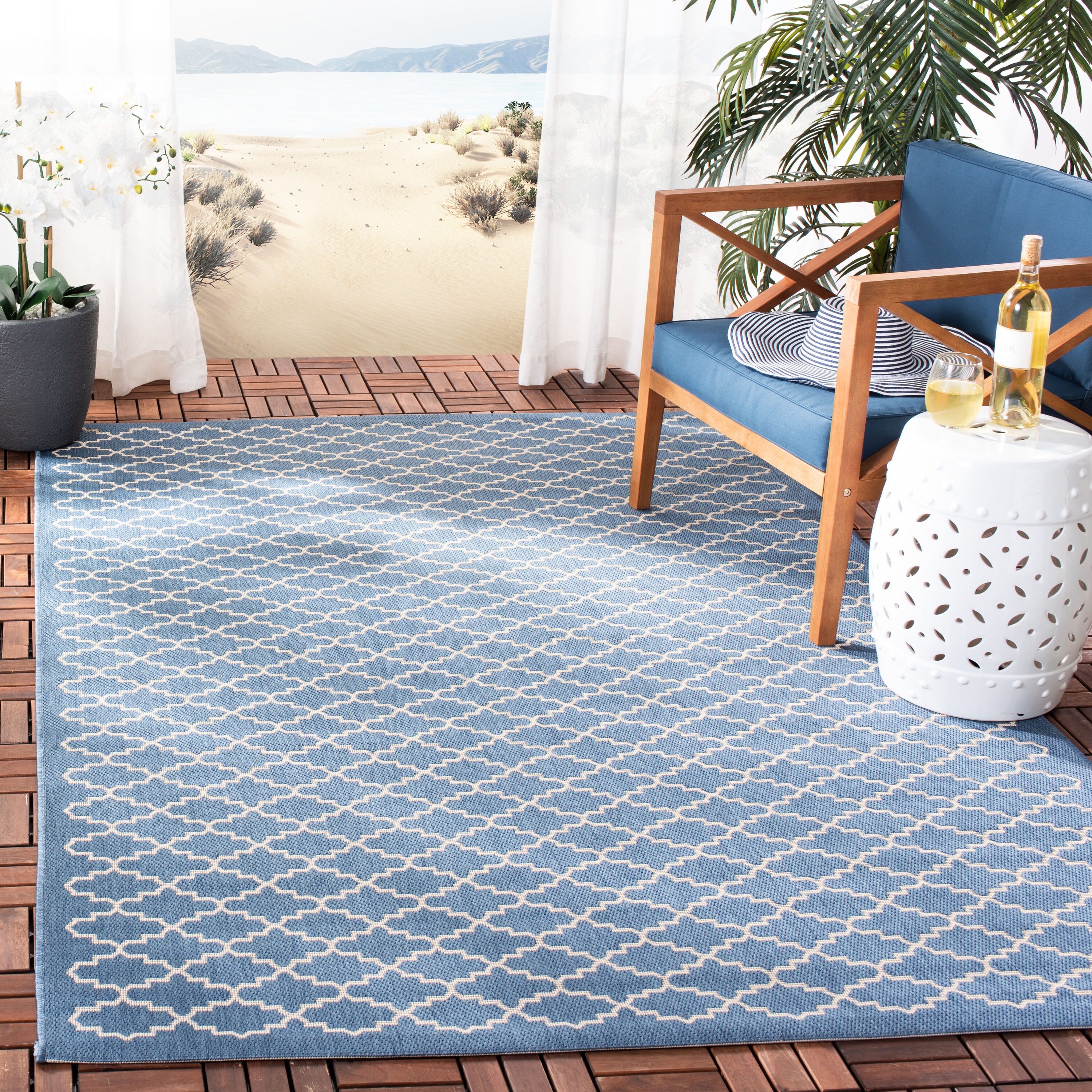 Safavieh CY6919-243-4SQ Courtyard Watling 4 x 4 (ft) Loomed Polypropylene Blue/Beige Square Indoor/Outdoor Trellis Area rug