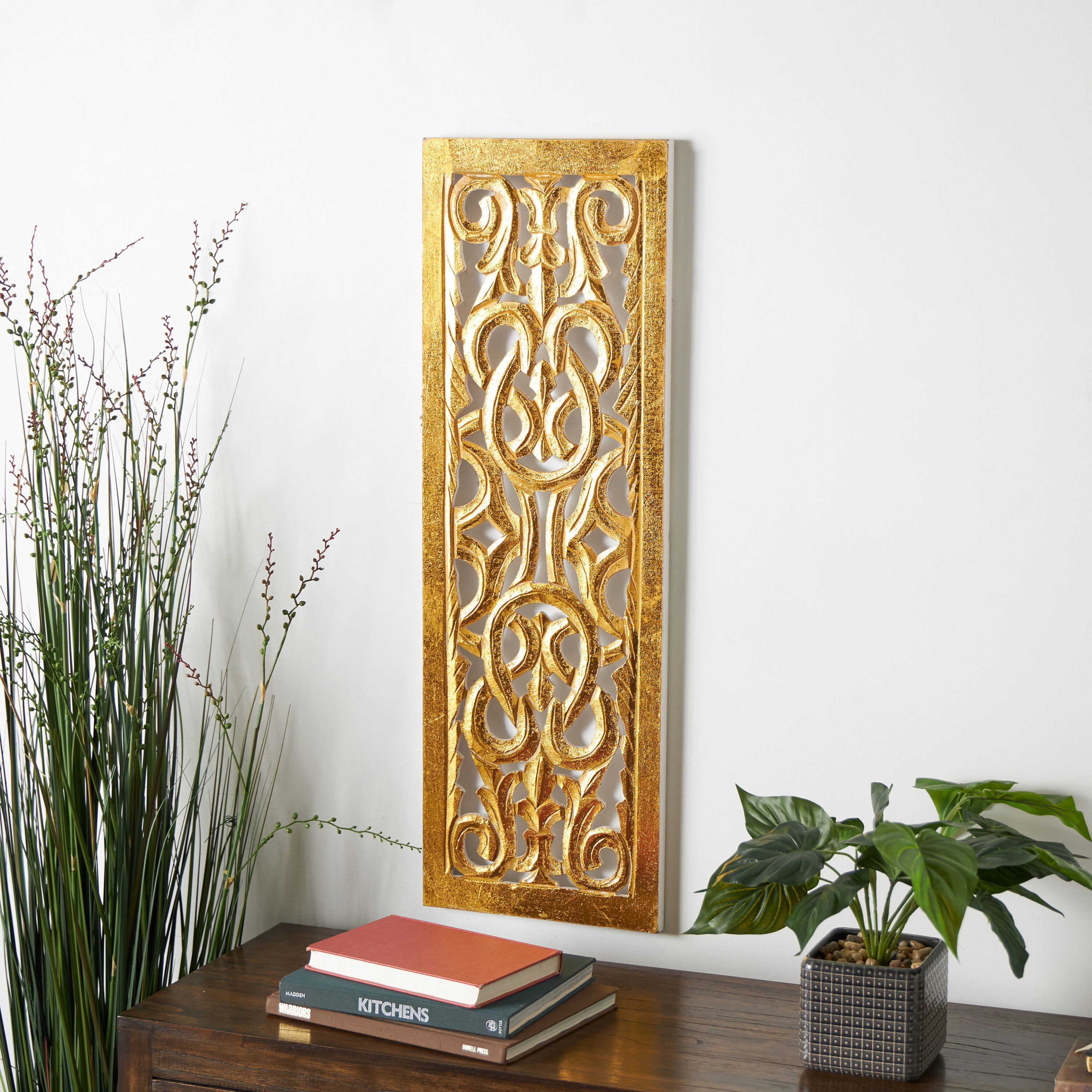 Grayson Lane 96070 12-in W x 36-in H Wood Floral Handmade Intricately Carved Arabesque Floral Wall sculpture