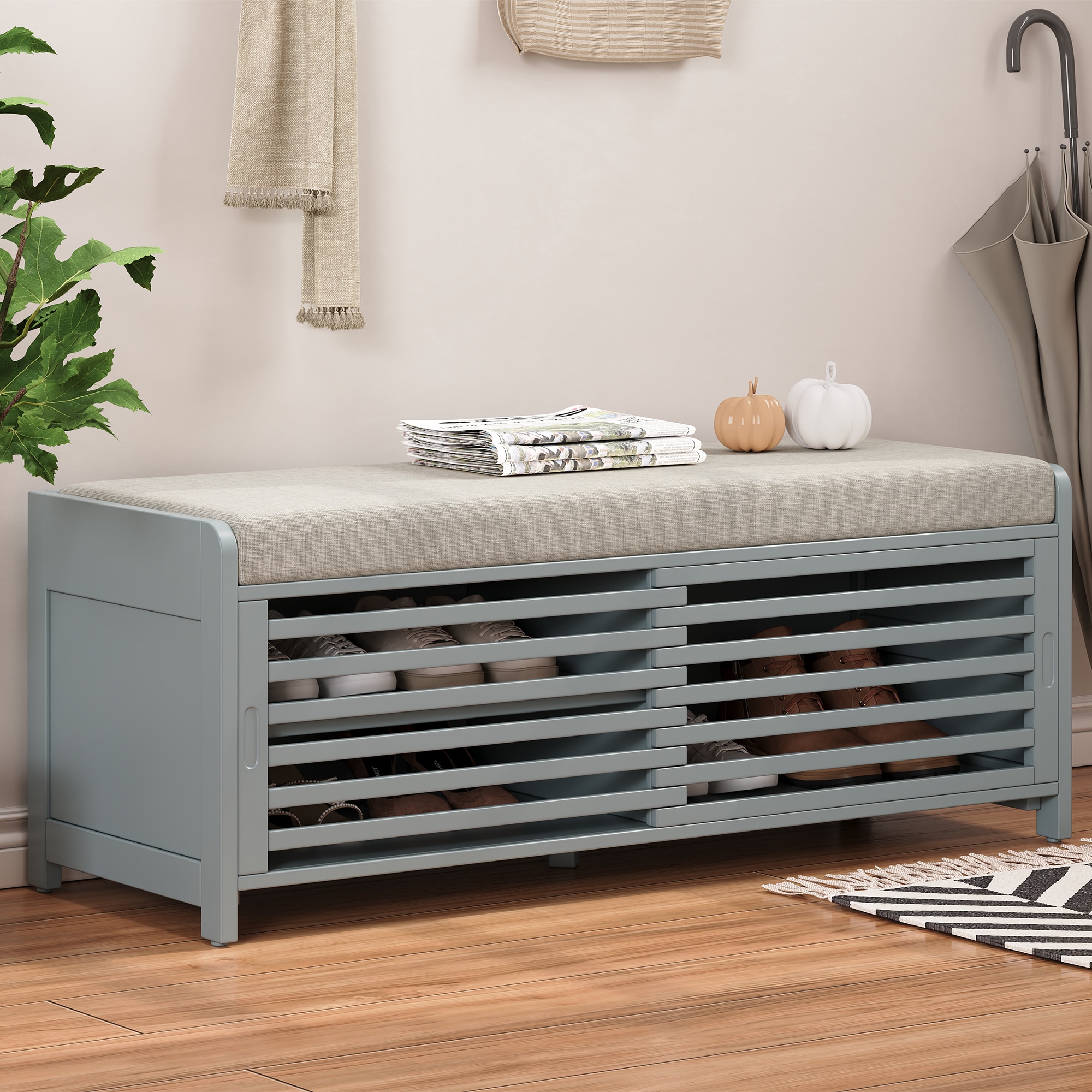 LUXEYARD Shoe Bench with Storage and Cushion Distressed Shutter Storage Bench with Retro Charm for Living Room Entryway Grey