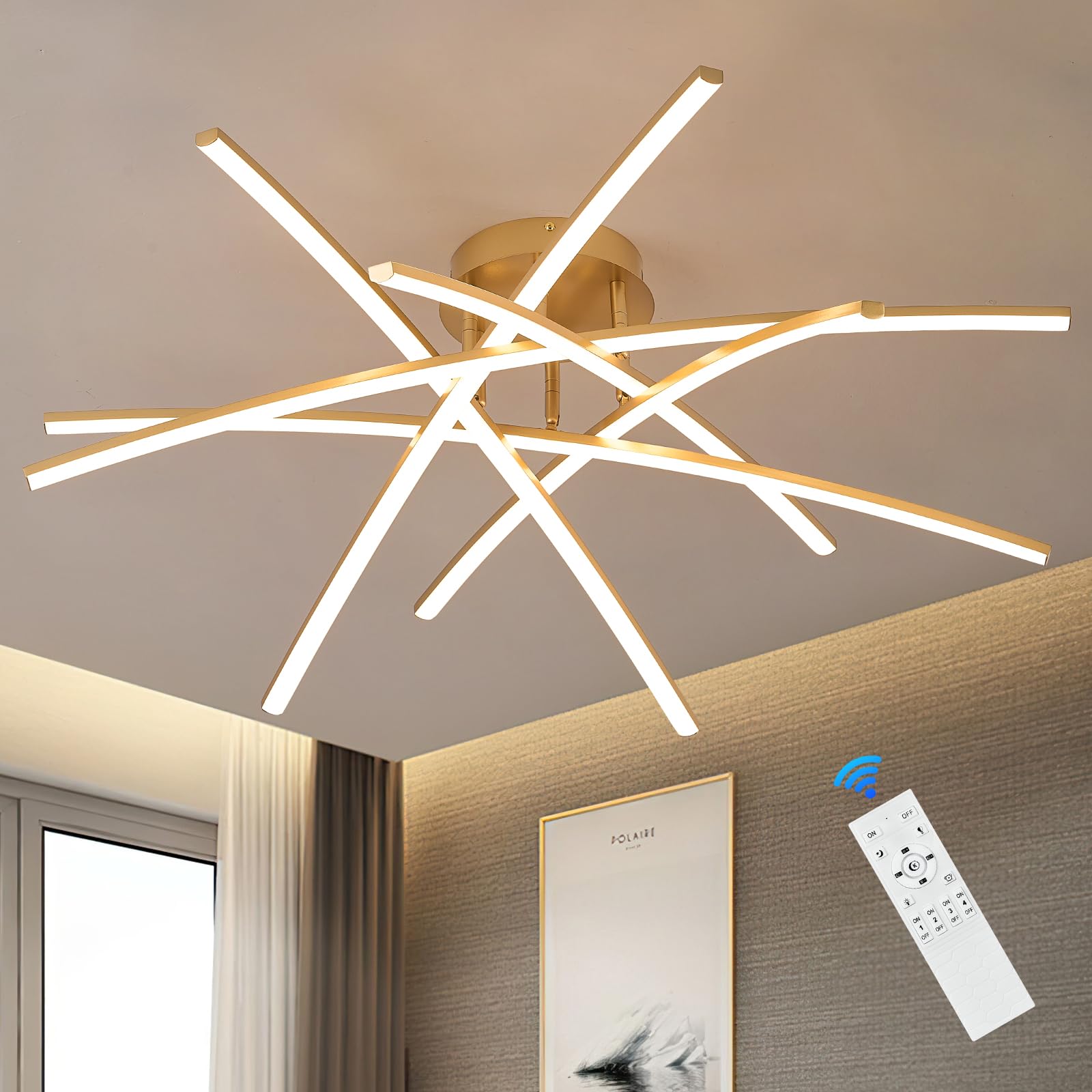 AOIZGMY  Gold LED Chandelier Semi Flush Mount Ceiling Light 65W Remote Control Dimmable 3000K to 6000K for Living Room Dining Room Kitchen Bedroom