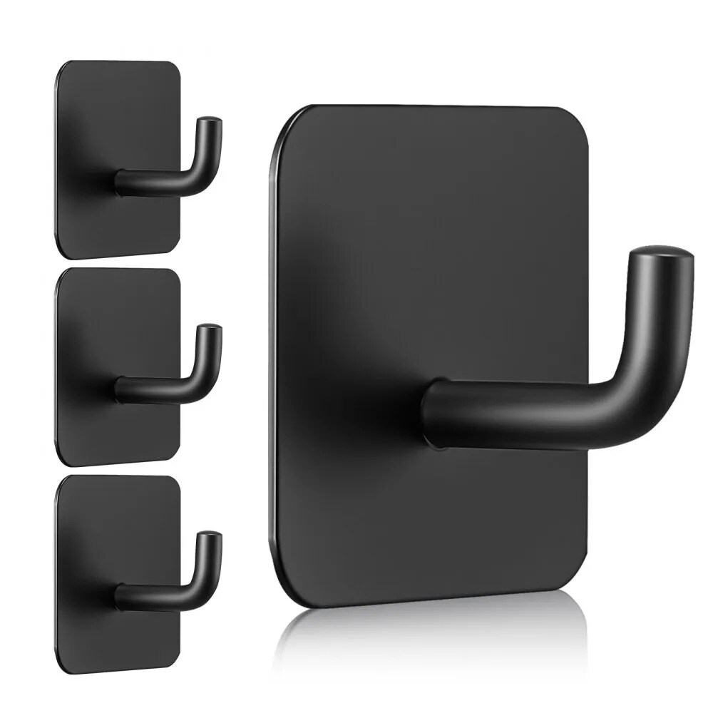 Slickblue - Matte Black 4-Hook Stainless Steel Drill-Free Wall Mount Towel Hook for Bathroom Kitc...