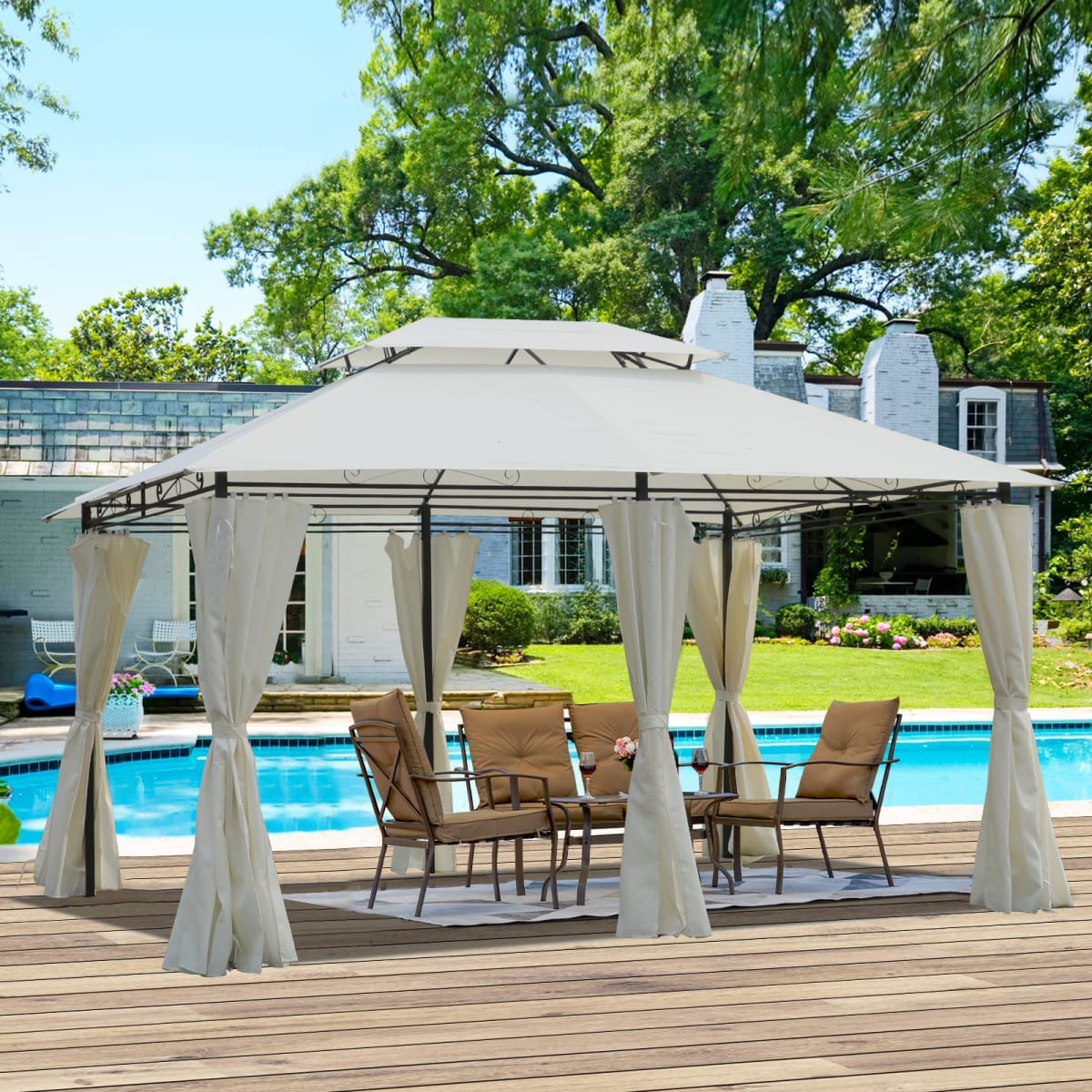 Vynxaria Beige 9.8-ft x 13.1-ft Polyester Pop-Up Gazebo with Netting and Side Walls