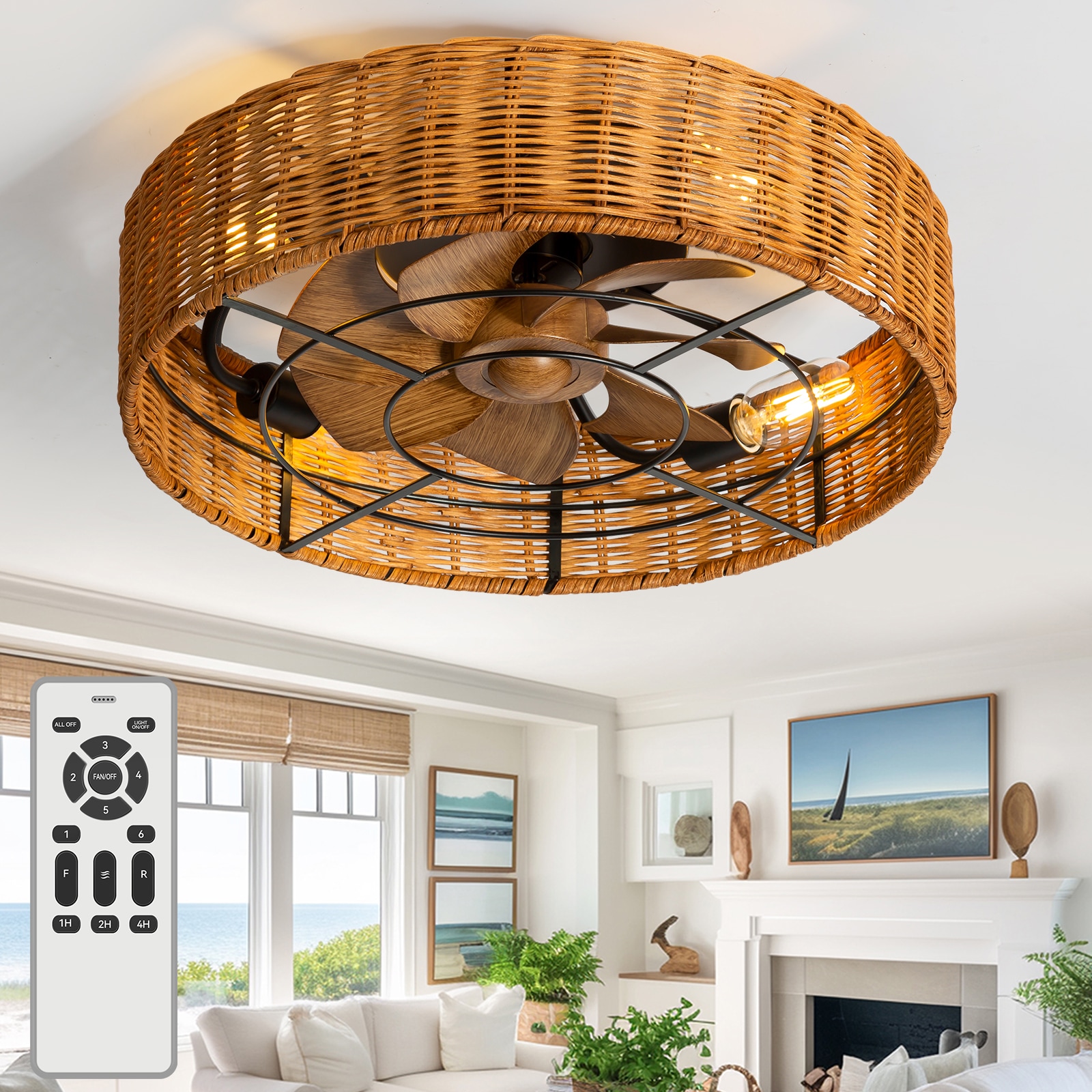 Breezary 30011-BK 19-in Integrated LED Flush Mount Black with Brown Blades Cage Ceiling Fan With Light - Remote Included ( 7 -Blade )