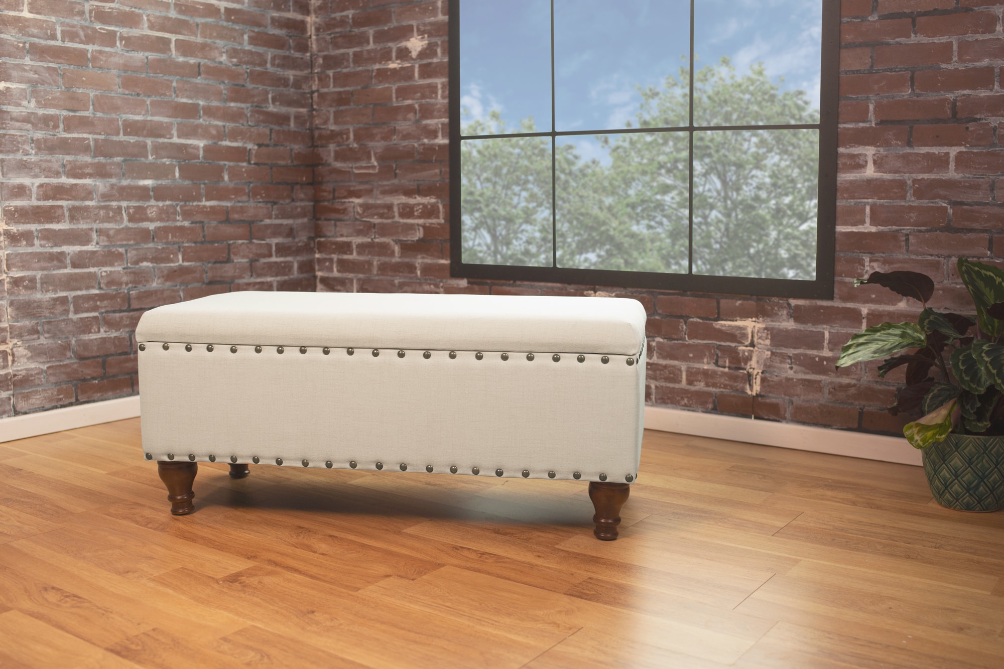 HomePop K6159-F2205 Casual Multidimensional Flat Weave that has a tonal look Cream Storage Bench with Storage 42-in x 18-in x 18-in