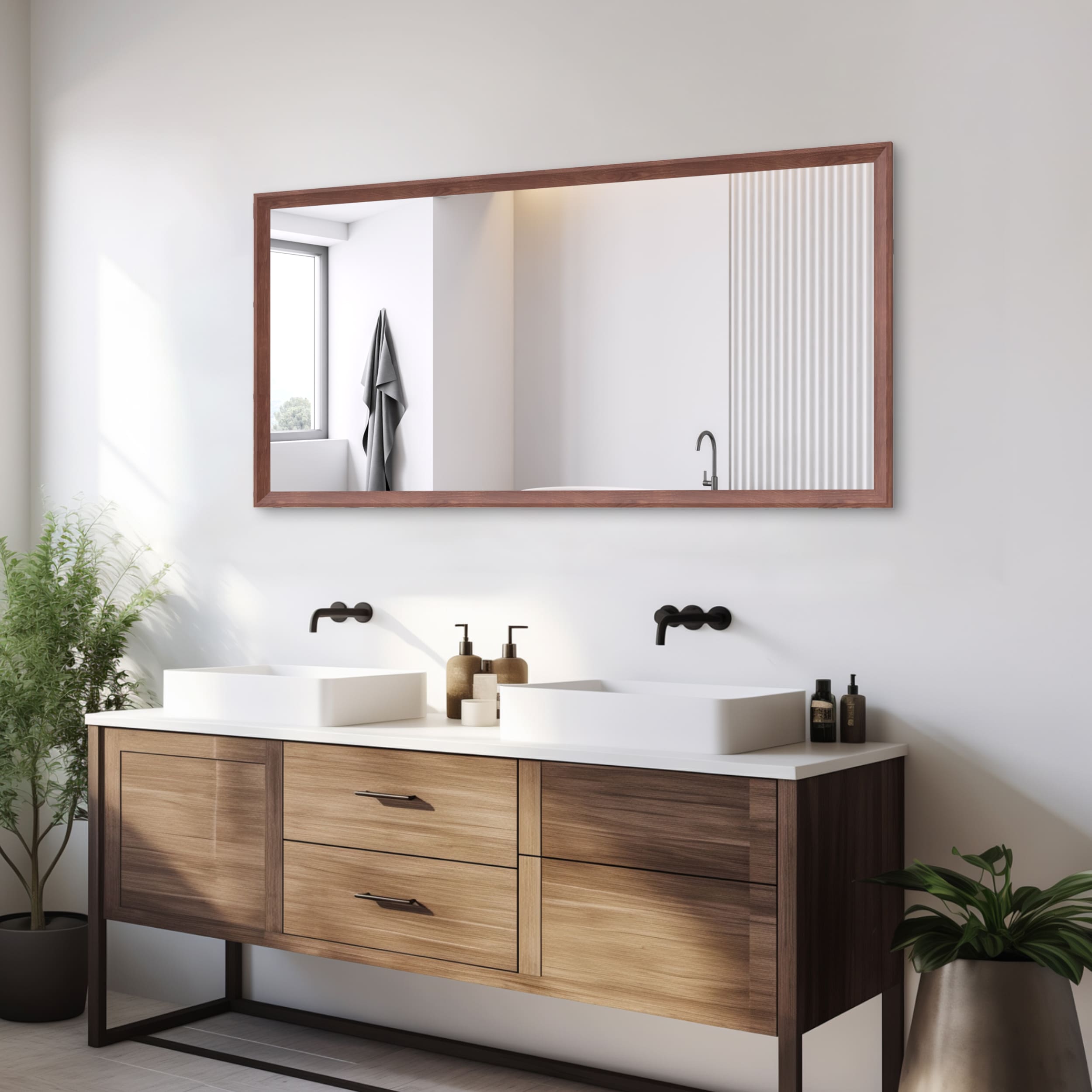 LOVMOR SF-WO-W708P297663 60x30 Oversized Rectangle Bathroom Mirror Walnut Frame Wall Mounted Aluminum