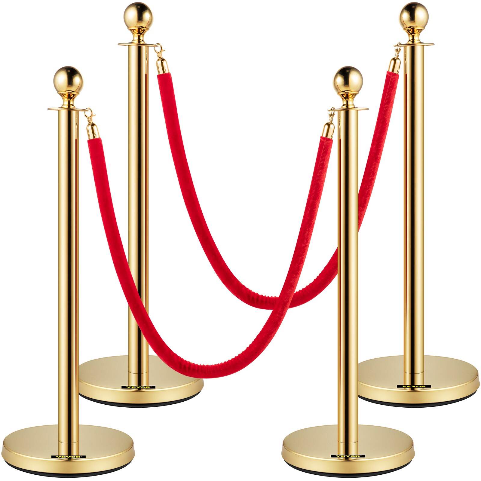 VEVOR Velvet Ropes and Posts, 5 ft/1.5 M Red Rope, Stainless Steel Gold Stanchion with Ball Top, Red Crowd Control Barrier Use