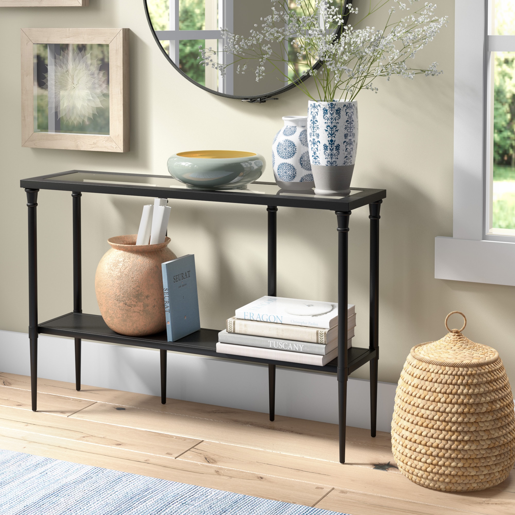 Modern Farmhouse 45" Blackened Bronze Metal & Glass Console Table with Storage