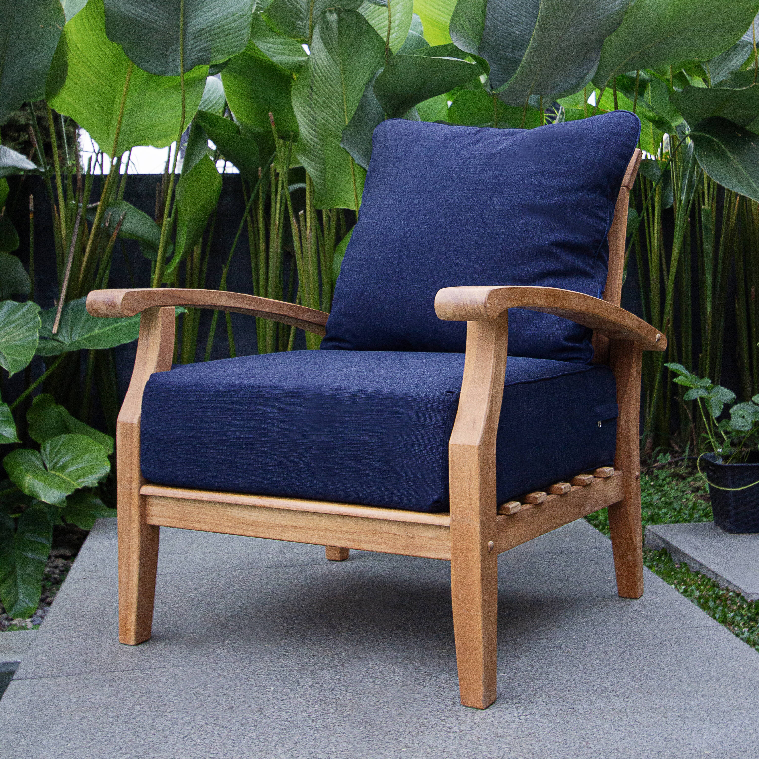 Cambridge Casual 120564-TW-XX-NV-XX Auburn Natural Teak Wood Frame Stationary Conversation Chair with Navy Cushioned Seat