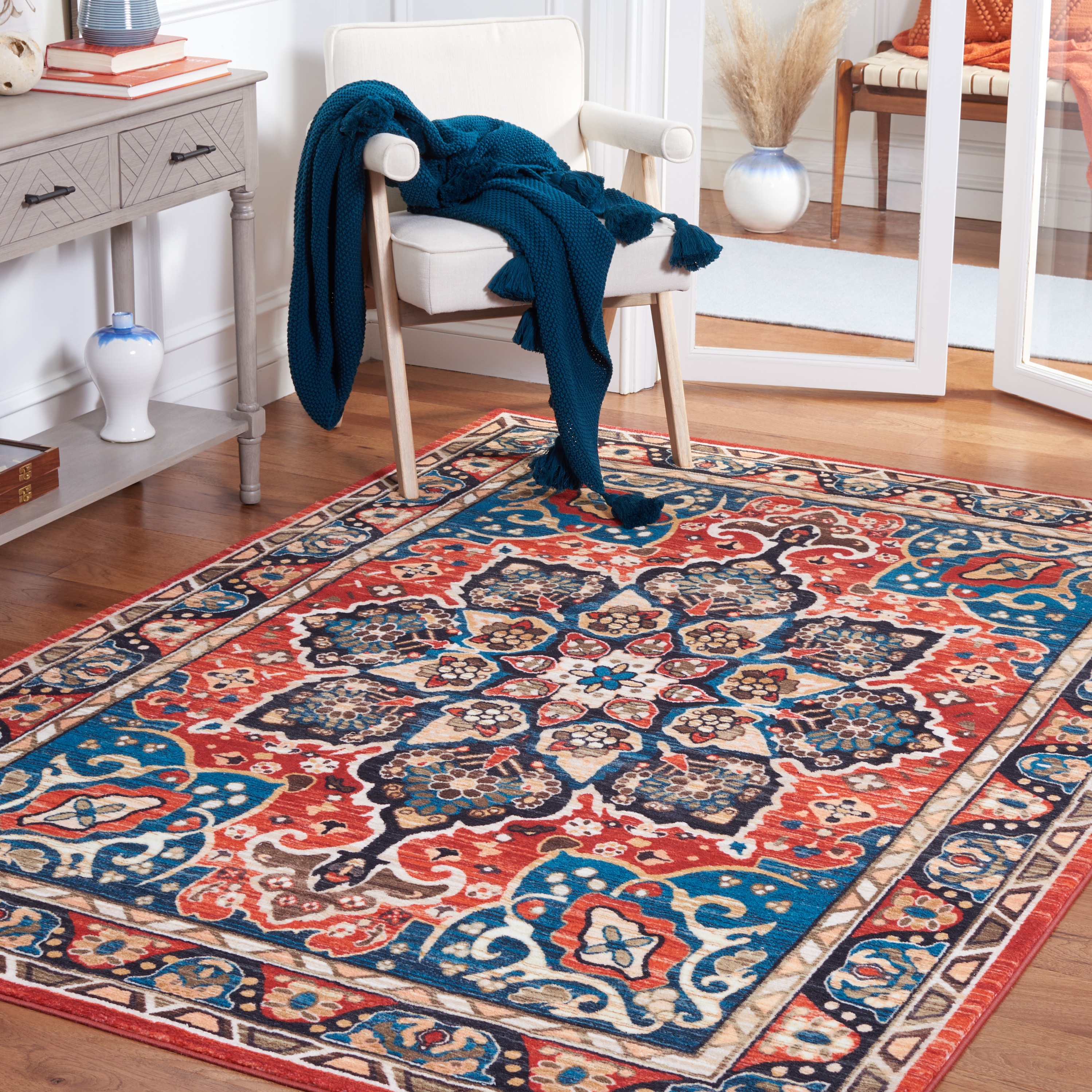 Safavieh RIV155Z-7SQ Riviera 7 x 7 (ft) Loomed Polyester Black/Red Square Indoor Border Machine washable Area rug