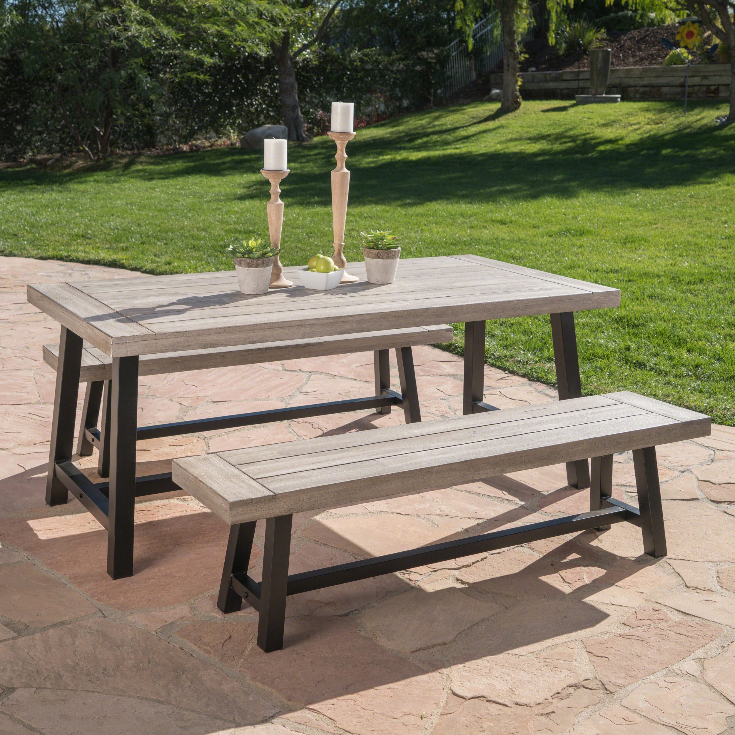 Christopher Knight Home 303904 Carlisle Outdoor Modern Industrial 3 Piece Acacia Wood Picnic Dining Set with Benches Sandblasted Light Gray and Black Rustic Metal