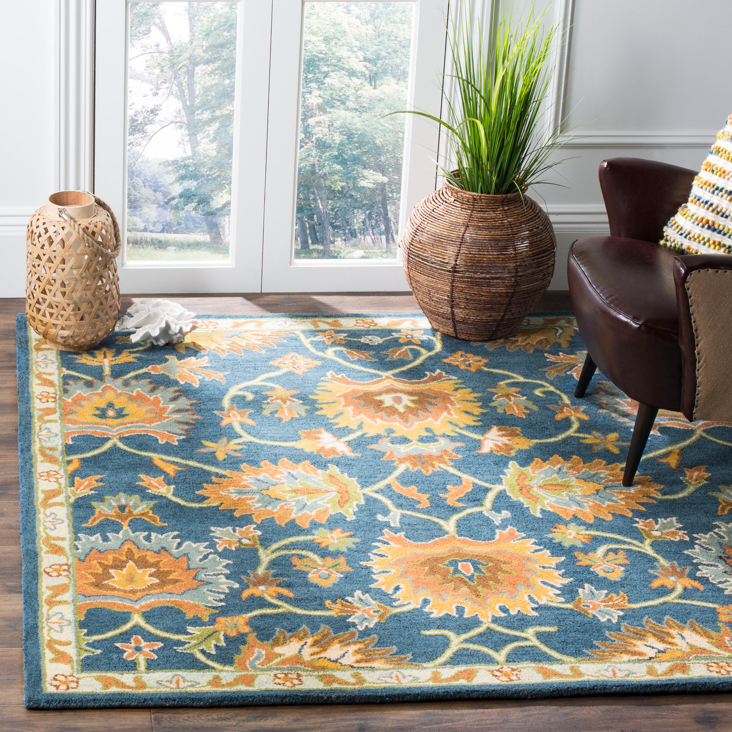 Navy Blue Hand-Tufted Wool Floral Area Rug 5' x 8'