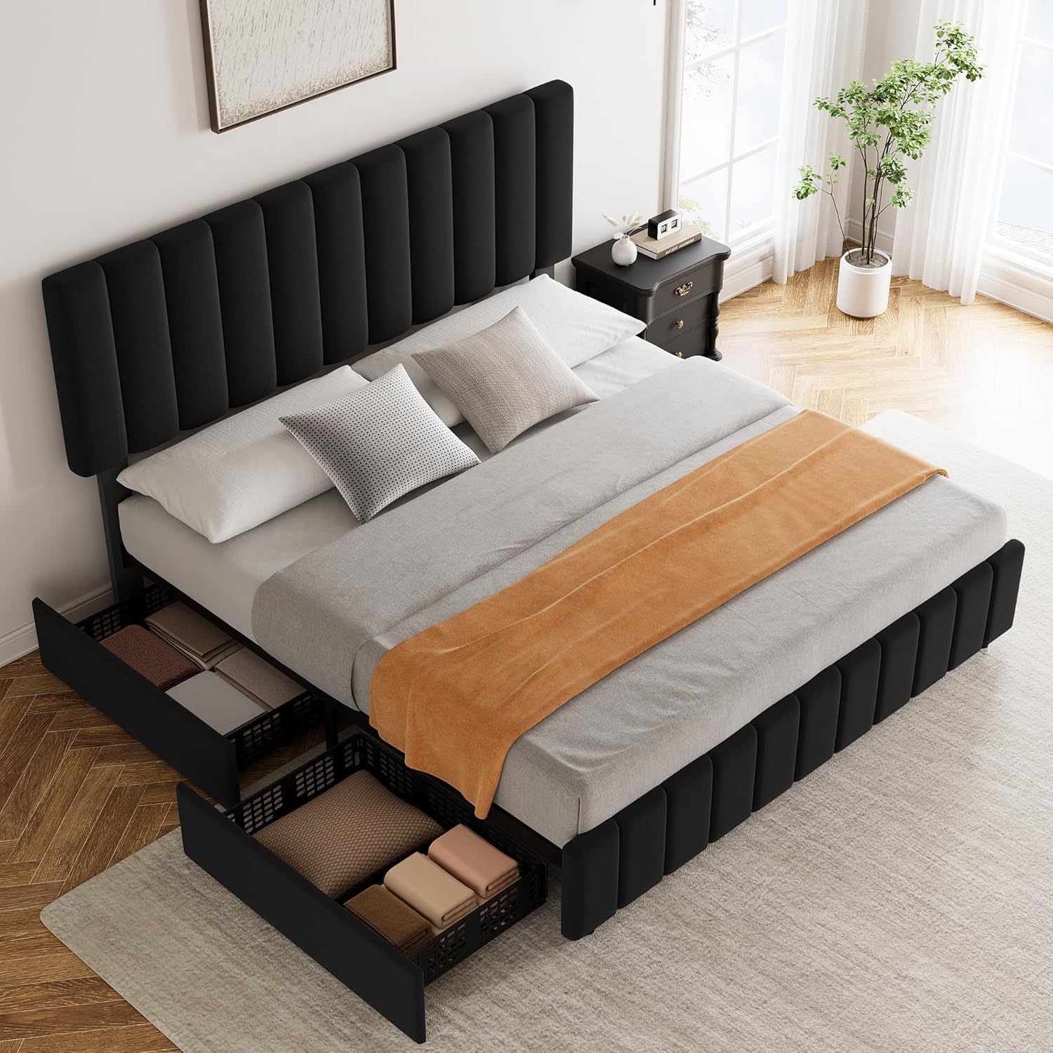 Qeetex DHZ-PHO-11ATX7EM Queen Linen Upholstered Platform Bed Frame with 4 Storage Drawers Adjustable Headboard Wooden Slats Support No Box Spring Needed Grey