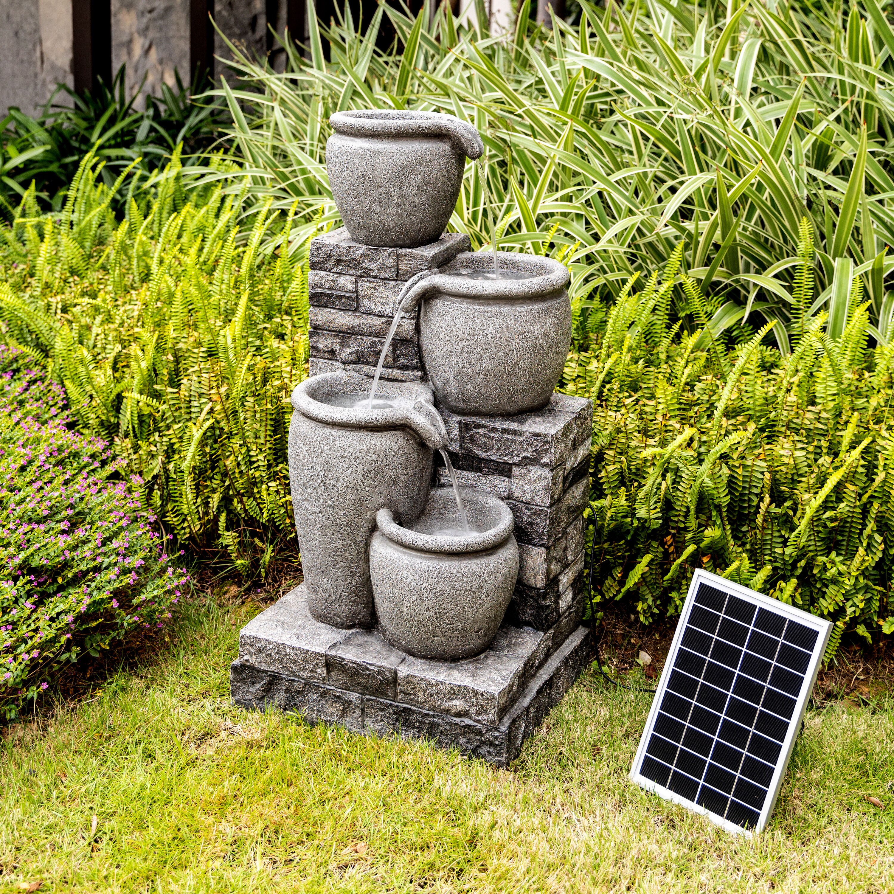 Gray Solar Powered 4-Tier Cascading Bowl Outdoor Water Fountain
