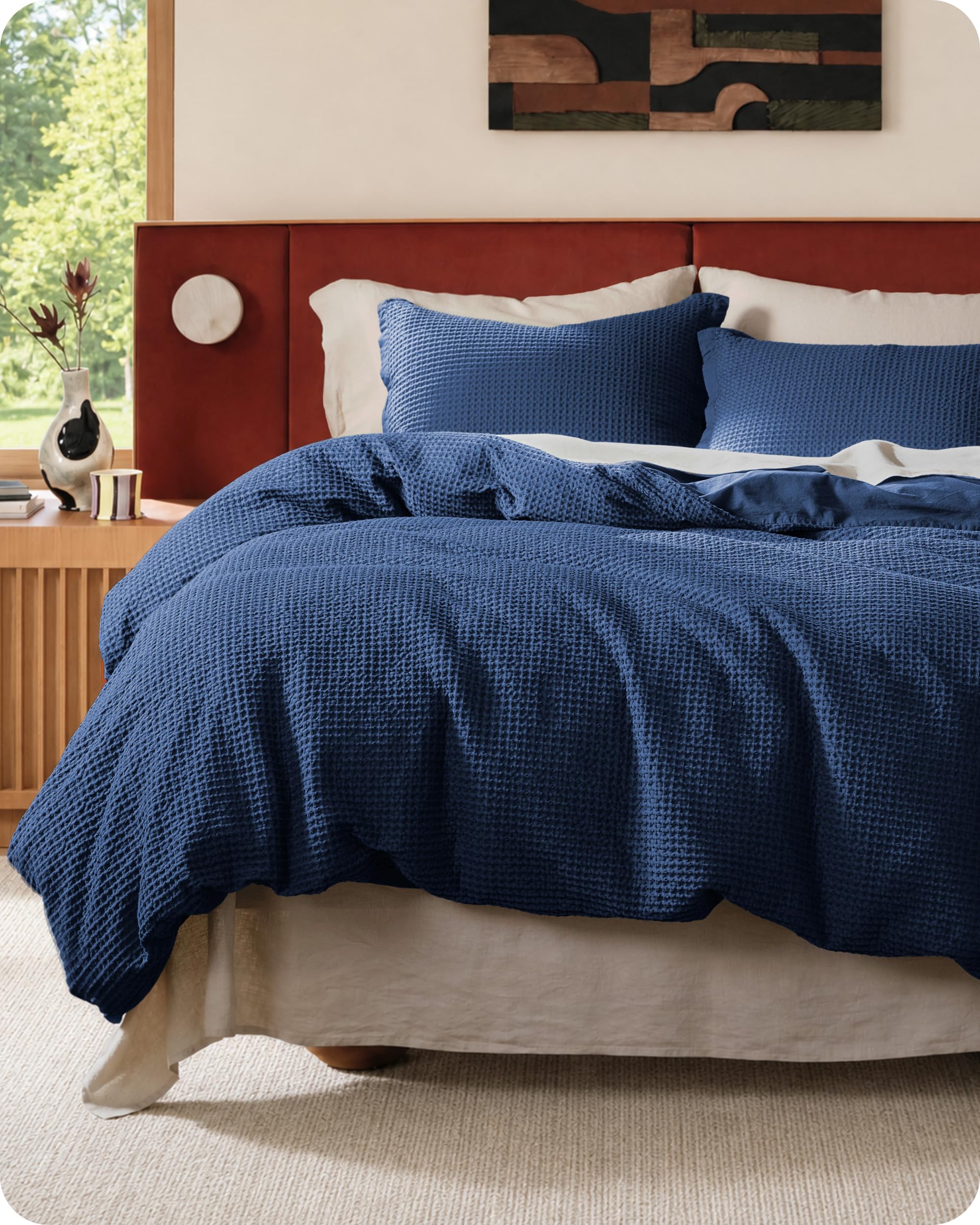 Bedsure 120x98 Oversized King 3-Piece Blue Cotton Waffle Duvet Cover Set