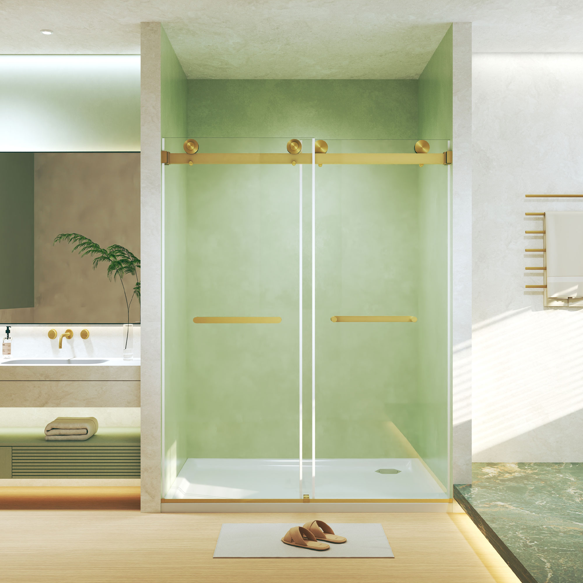 BEARSOLIM - 44-in to 48-in W x 74-in H Frameless Double Sliding Shower Door 5/16-in Tempered Glas...