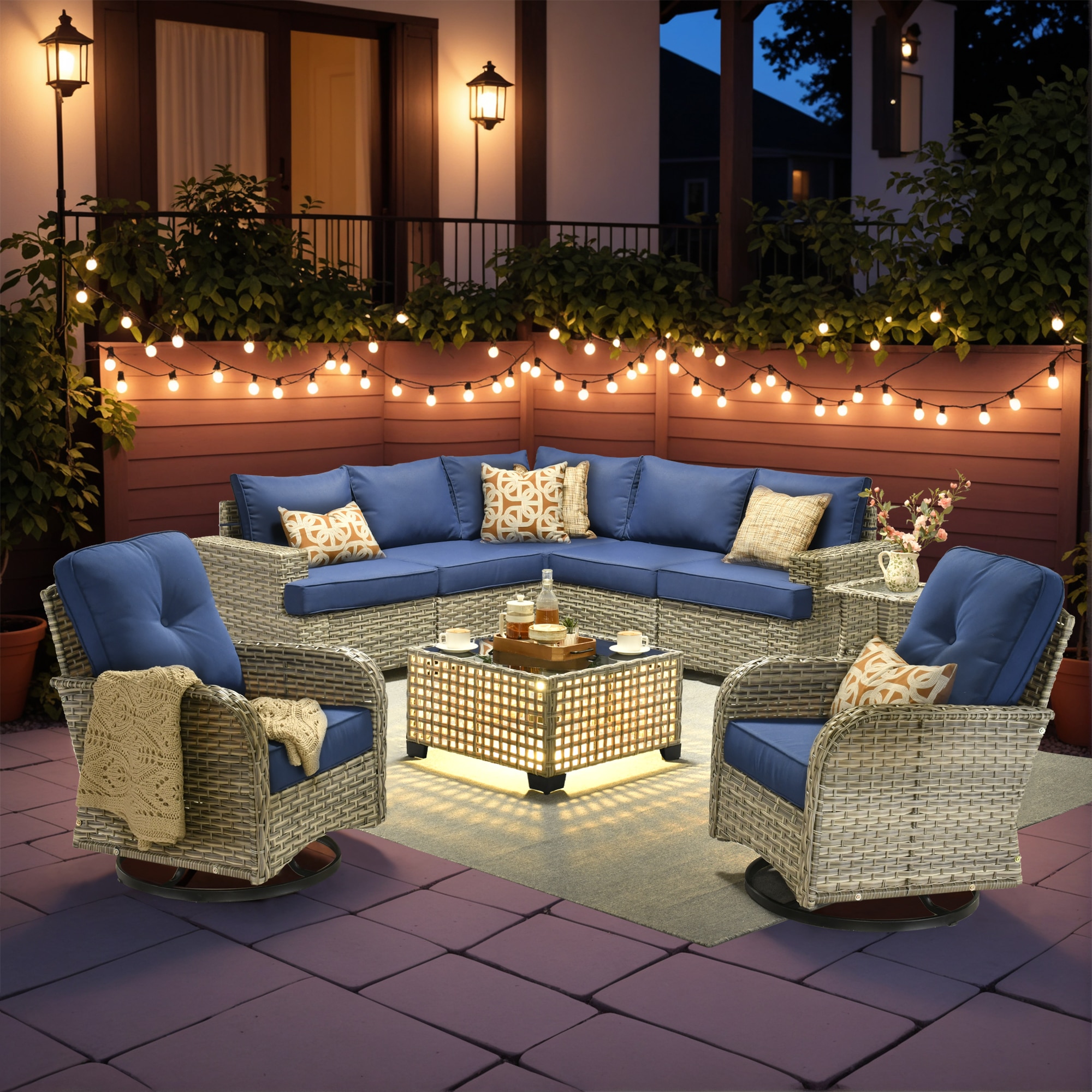 ALTRIGUS 6L-VYZTBS7092-AL 9 -Piece Wicker Patio Sofa Conversation Set with Navy Cushions