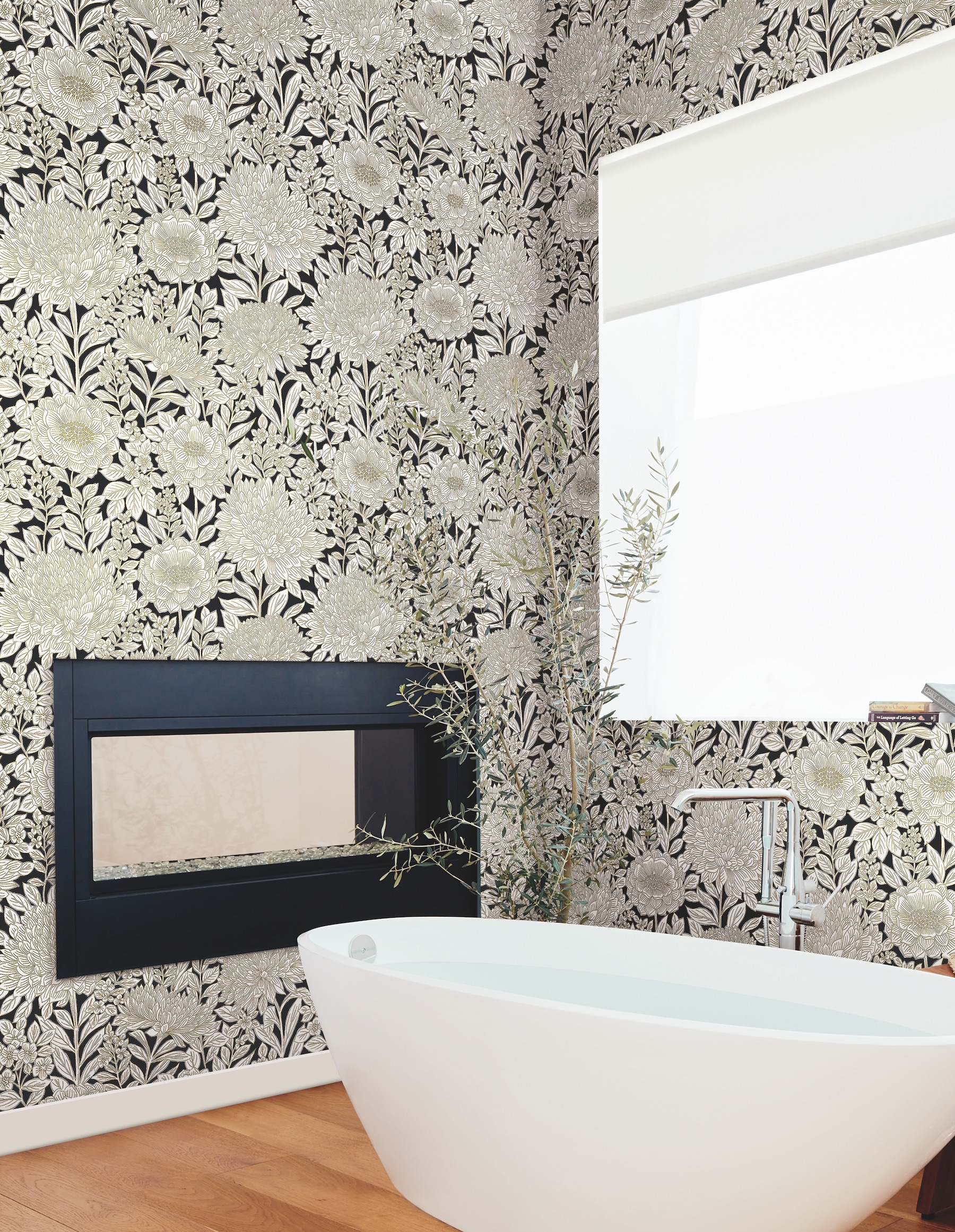 York Wallcoverings BW3923 Black and White Resource Library 60.8-Sq. Feet Black Non-woven Floral Prepasted Water Activated Paste Wallpaper
