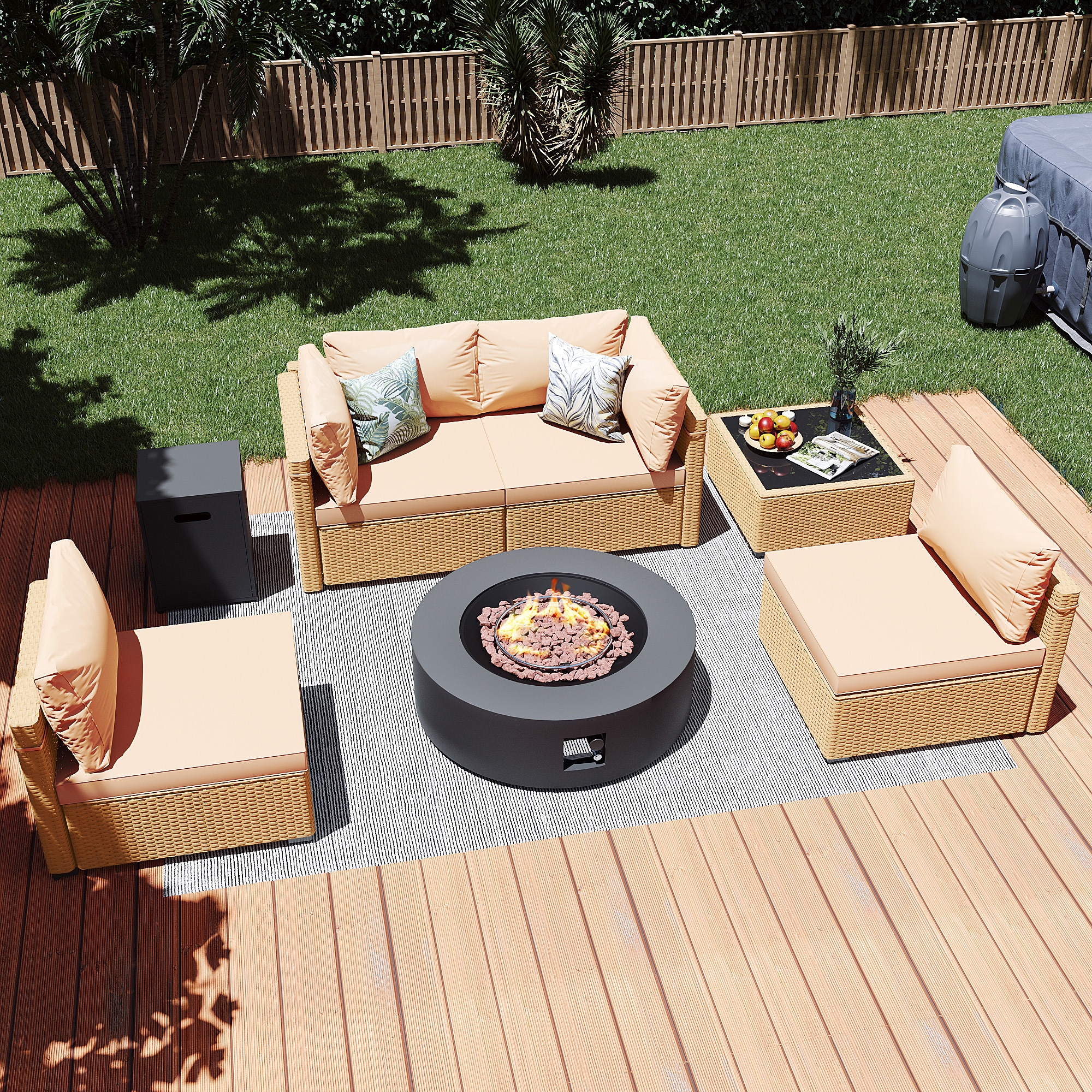 Patio Watcher LS-RT5-KD42DK-Y1 6 -Piece Rattan Patio Conversation Set with Beige Cushions