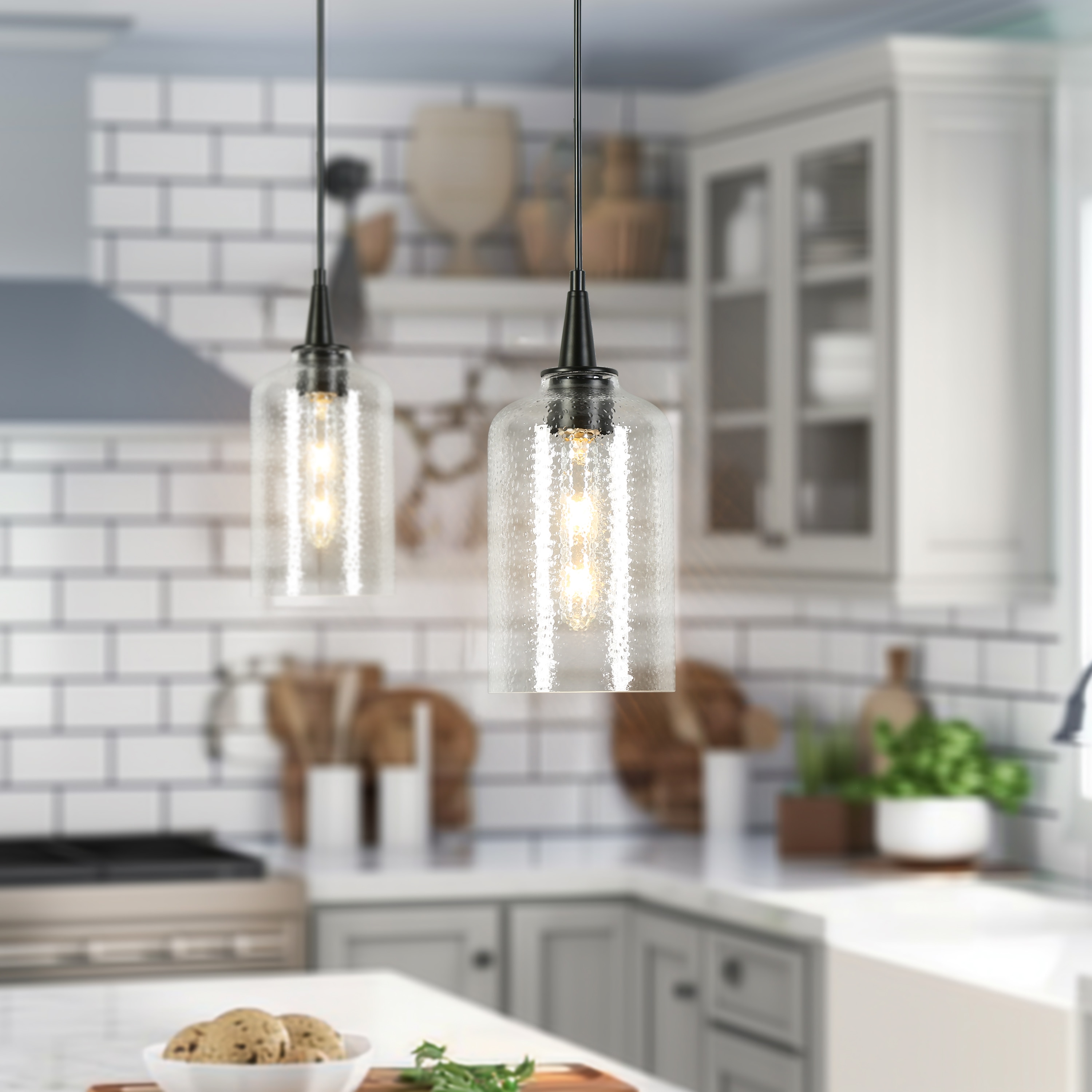 LNC LIAJRFE5329L9C Erufokoorig 1 -Light Matte black Modern/contemporary Seeded glass Cylinder Integrated LED Mini Hanging Pendant light