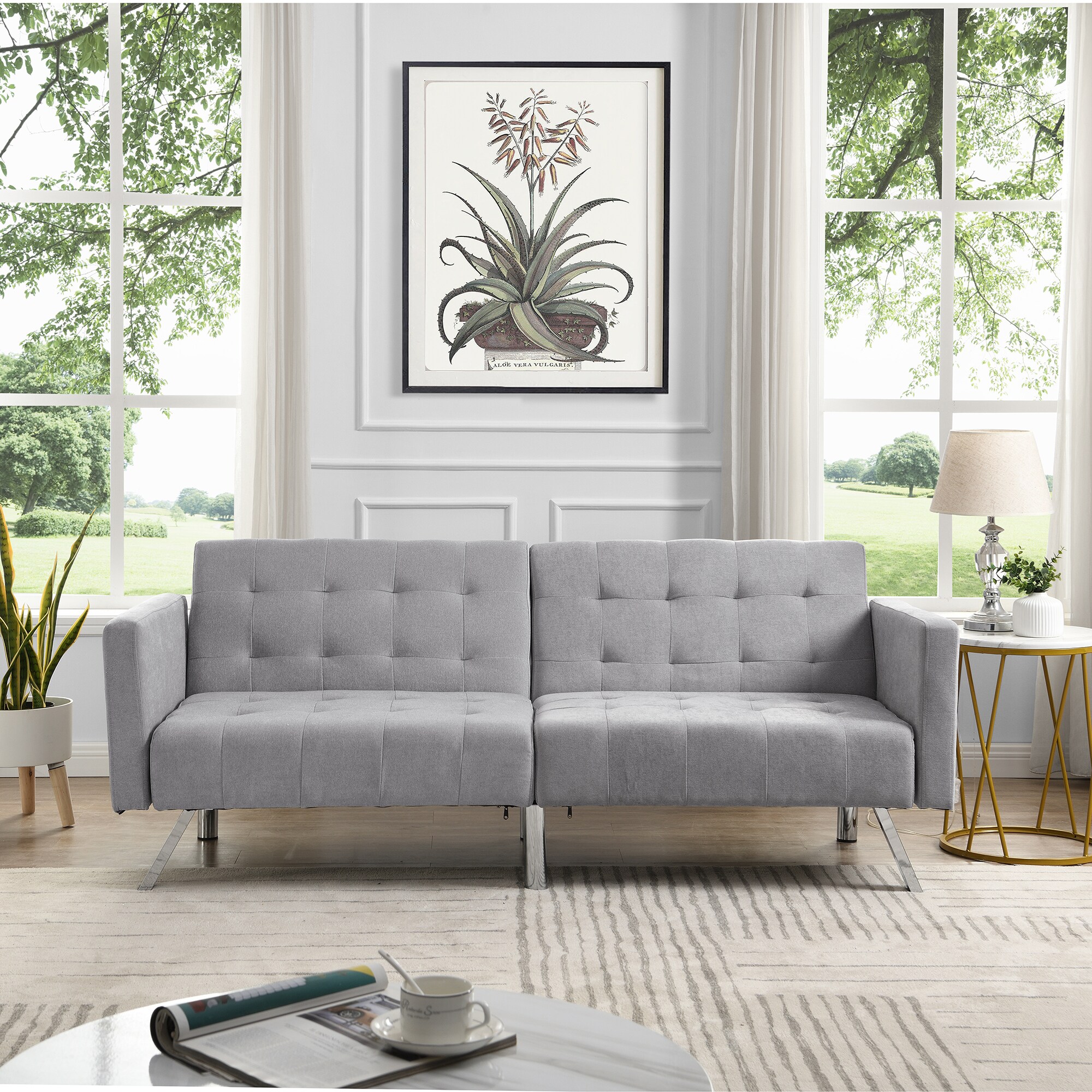 Clihome Pull-Out Sofa-Bed 60-in Modern Light Gray Velvet 3-seater