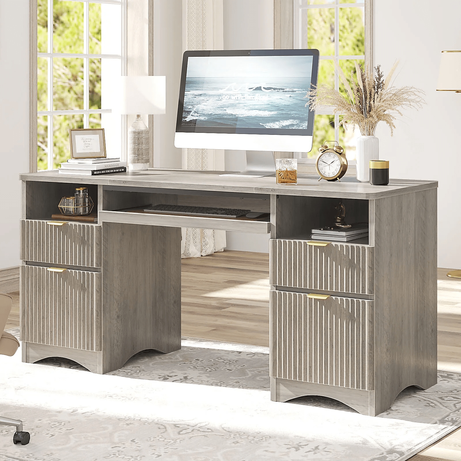 Bestier LOW-H106115K-GRYW 59.06-in W 4-Drawer Gray Computer Desk With Keyboard Tray