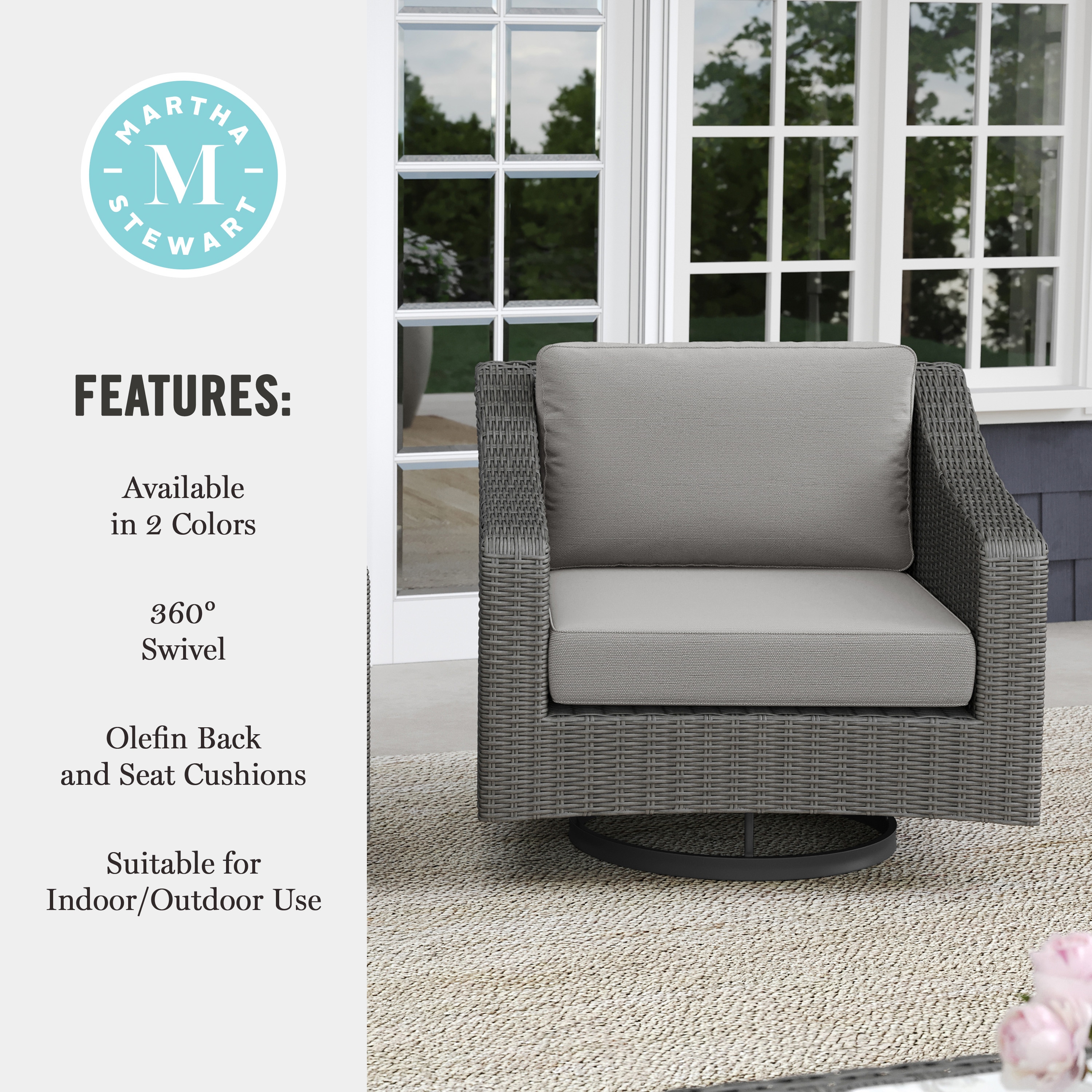 Martha Stewart Bedford Indoor-Outdoor Patio Chair in Gray Rattan Wicker  with 360° Swivel and Gray All-Weather Cushions, image size:3000x3000