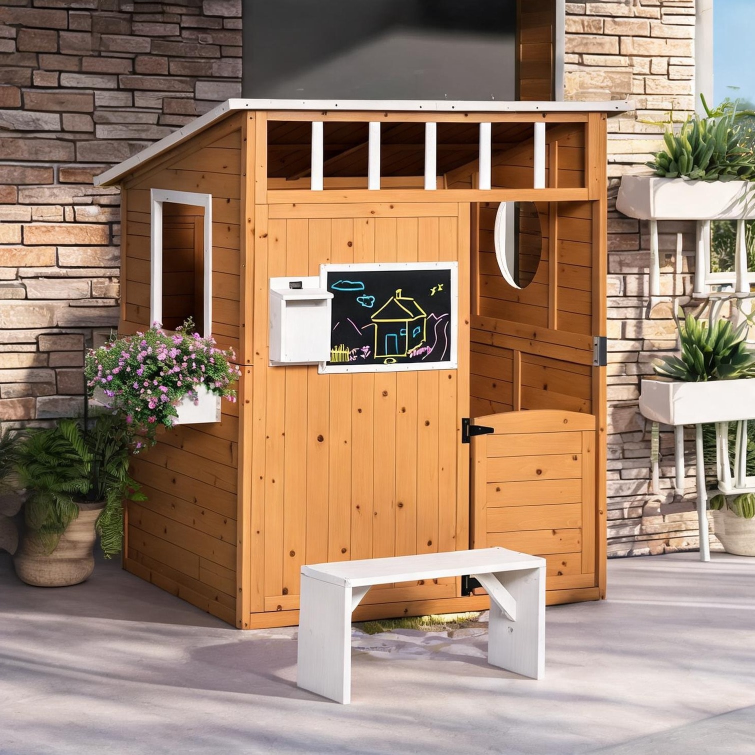 BBabe Storage 48 x 42.5 x 53 in Bench for Outdoor Space in Yellow Fir Wood with Fir Wood Kids Outdoor Playhouse