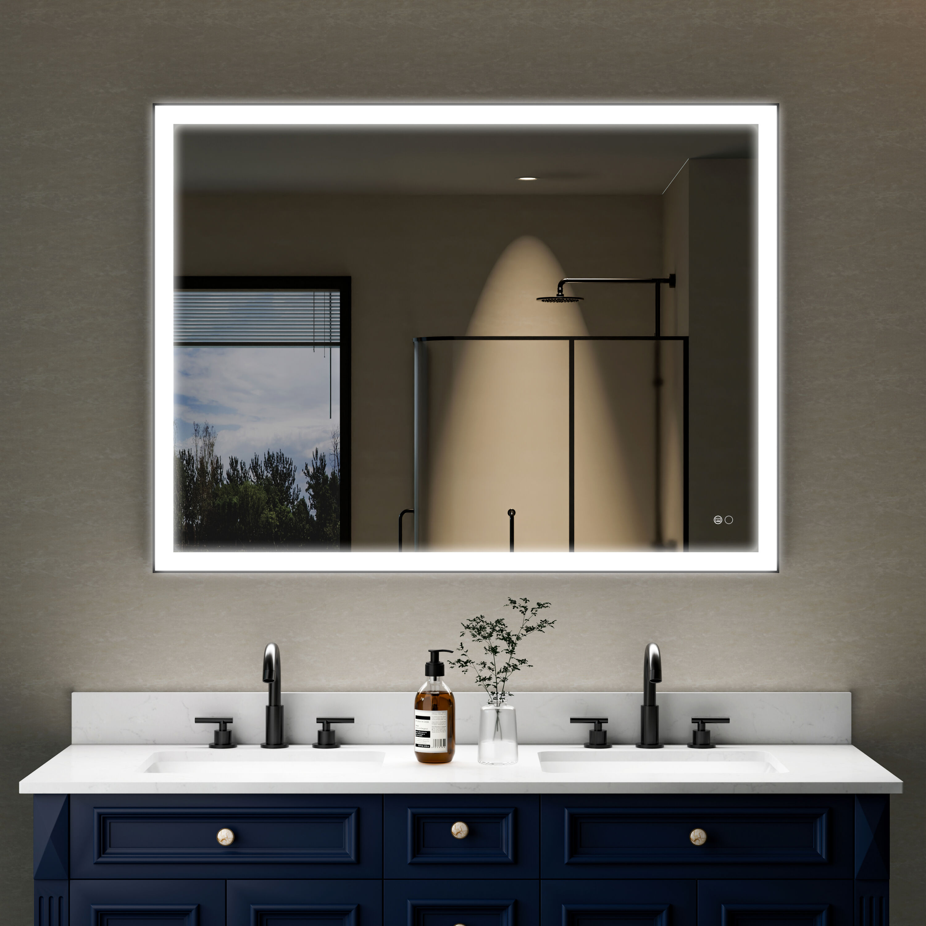 WELLFOR W5FM4836MB RECA Framed LED Mirror 48-in x 36-in Framed Rectangle Dimmable LED Lighted Fog Free Bathroom Vanity Mirror ( Matte Black )